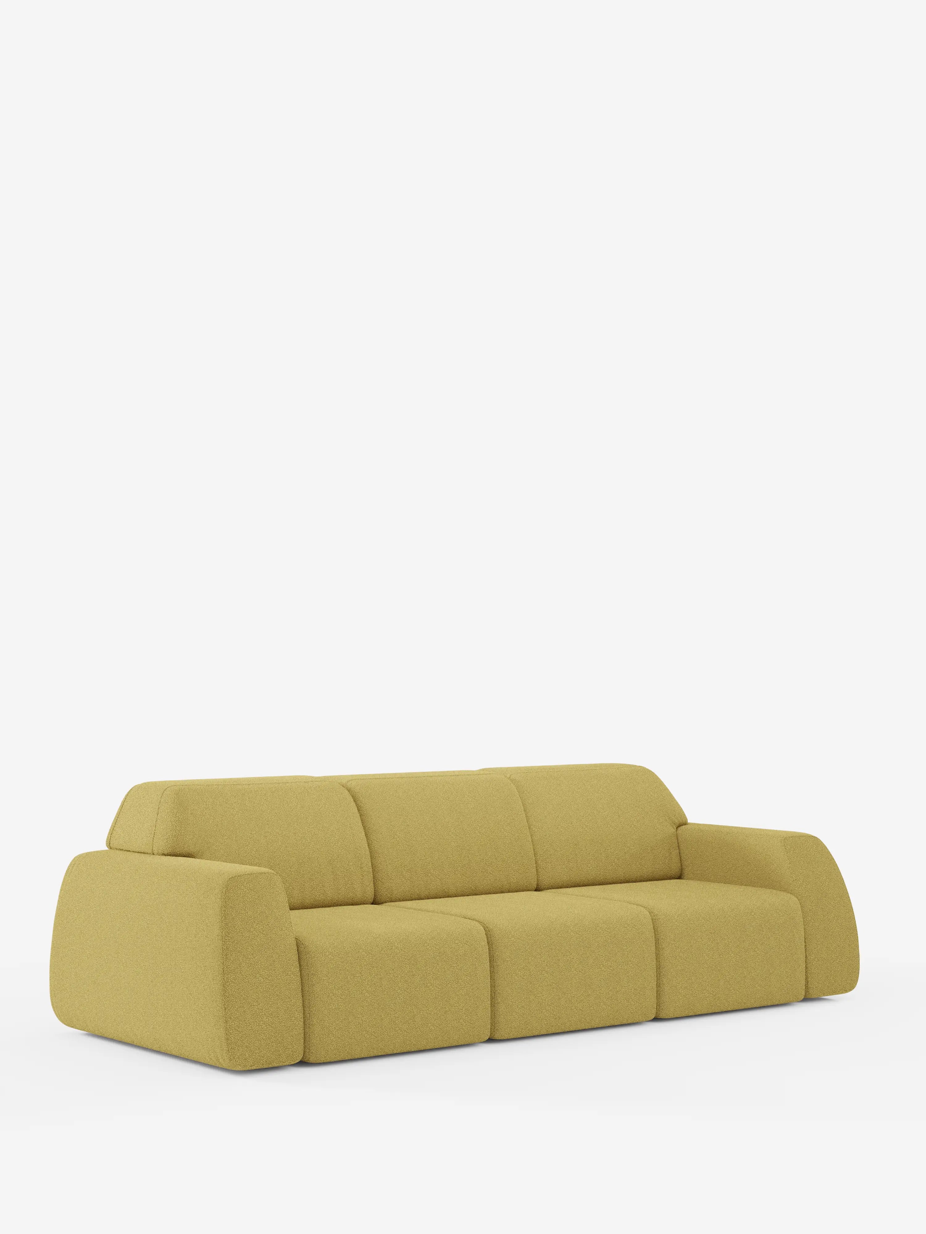 Il divano Orbit di Divani.Store presenta un design moderno nei toni del giallo-verde, con bordi arrotondati, schienale basso e ampi braccioli, rivestito in morbido tessuto T33 effetto cotone, resistente alle macchie. Il suo look minimalista mette in risalto le tre sezioni di seduta indipendenti, scorrevoli e allungabili, che si stagliano su uno sfondo bianco a tinta unita.