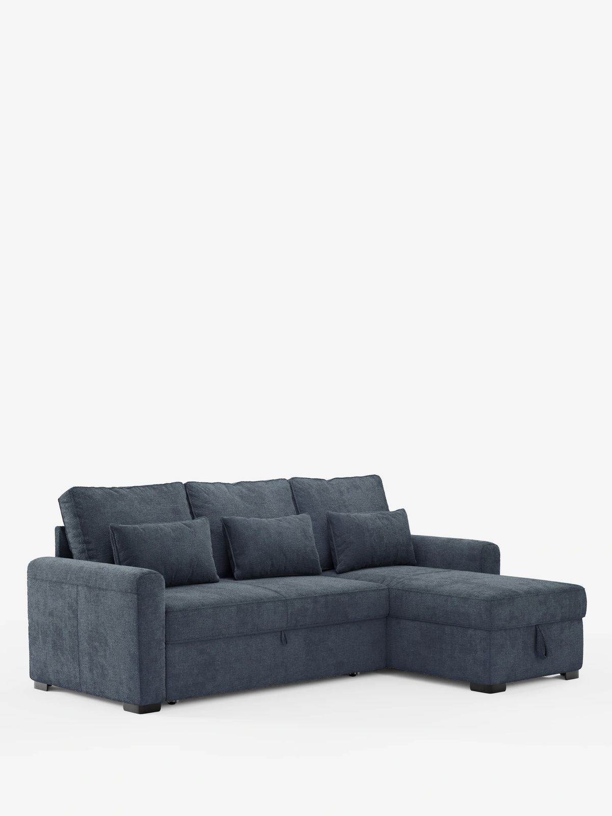 Ottaviano, divano letto con letto estraibile - penisola reversibile e contenitore in tessuto materico smacchiabile: un divano componibile blu scuro con chaise longue sul lato destro, cuscini quadrati, braccioli bassi e tessuto materico su fondo bianco.
