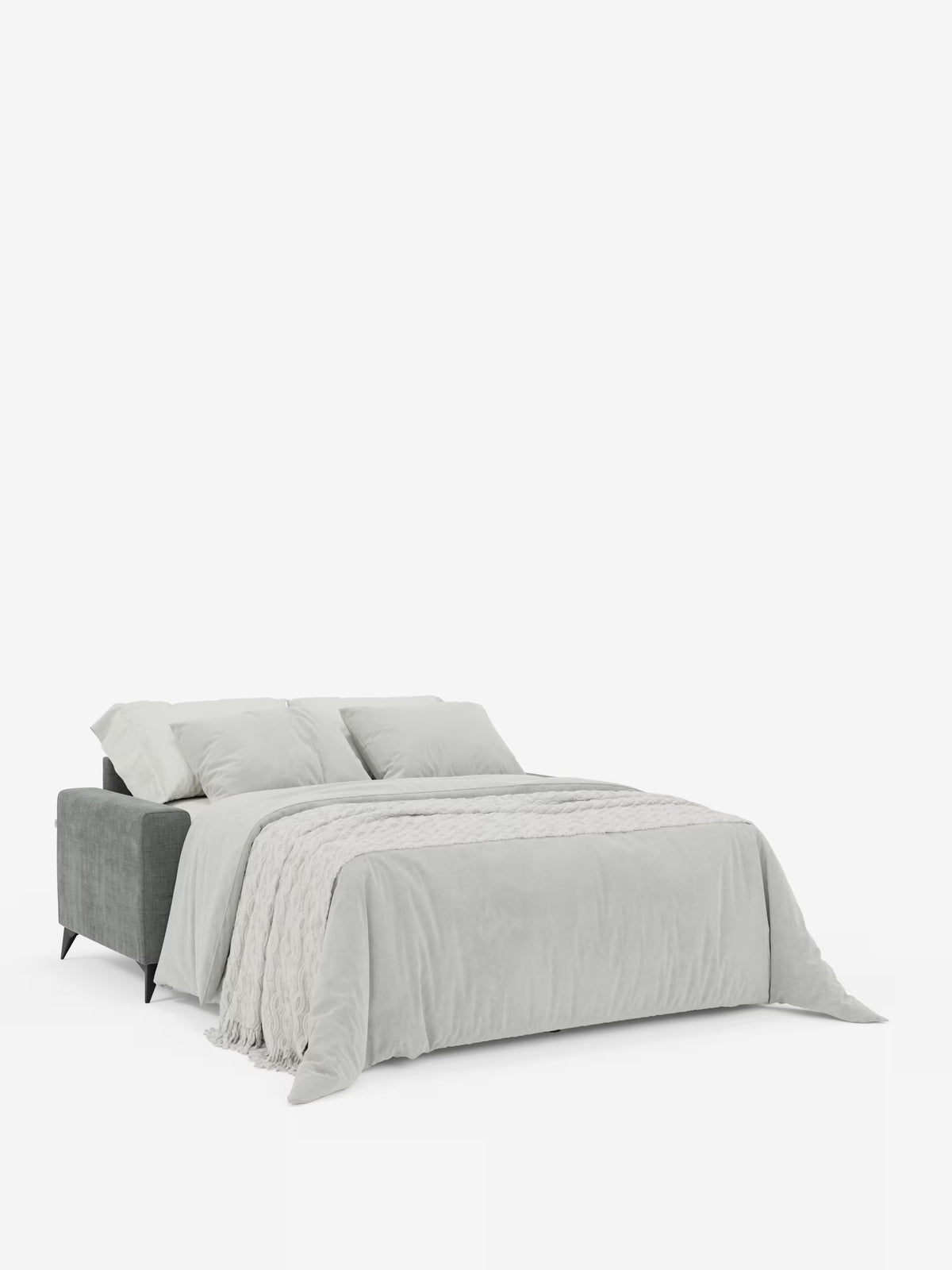 Il divano letto matrimoniale Pegaso con poggiatesta reclinabili in tessuto jacquard smacchiabile T22 di Divani.Store si trasforma in un letto, completato da una coperta grigio chiaro e da cuscini coordinati. Questo moderno divano letto, con le sue gambe nere che risaltano su uno sfondo bianco a tinta unita, crea un’atmosfera pulita e minimalista.