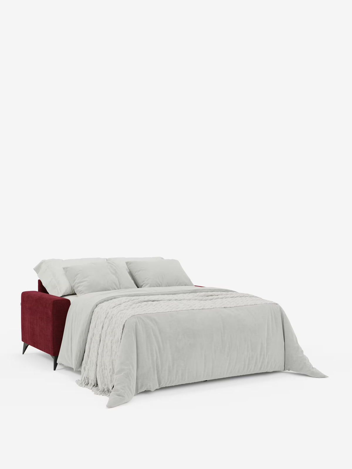 Il divano letto matrimoniale Pegaso di Divani.Store, caratterizzato da sottili gambe nere e rivestito in tessuto jacquard antimacchia T22, è raffigurato nella versione aperta come letto. È adornato da un piumone grigio chiaro, cuscini coordinati e una coperta grigia testurizzata drappeggiata sul lato, il tutto su uno sfondo bianco a tinta unita.