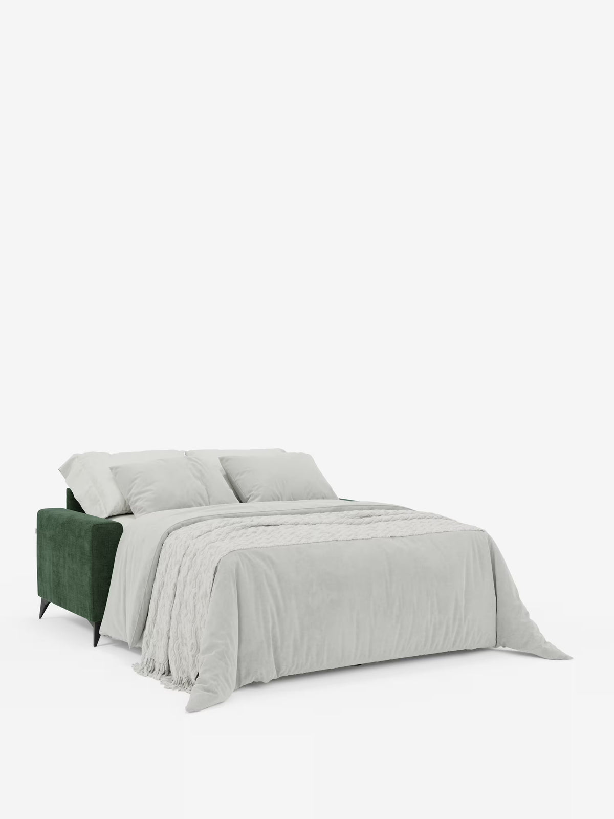 Il divano letto matrimoniale Pegaso con poggiatesta reclinabili in tessuto jacquard smacchiabile T22 di Divani.Store è raffigurato nella versione aperta come letto, unendo con naturalezza comfort e stile. Rivestito da biancheria da letto grigio chiaro con una coperta e due cuscini, questo moderno divano trasformabile risalta su uno sfondo bianco a tinta unita che mette in risalto sia il divano che la biancheria da letto senza distrazioni.