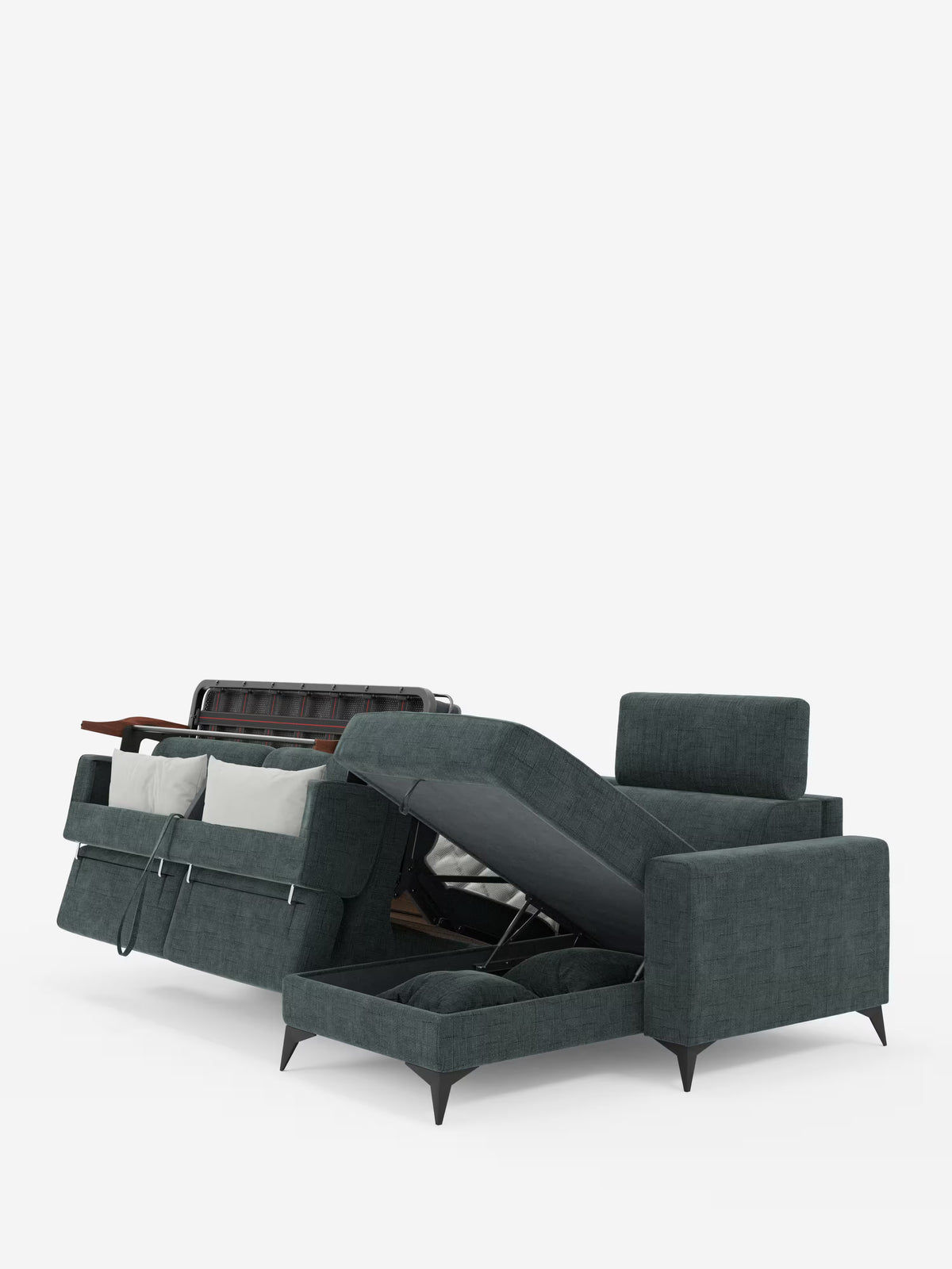 Il divano letto angolare Pegaso con poggiatesta reclinabili e penisola contenitore in tessuto jacquard smacchiabile T22 di Divani.Store è qui presentato in una moderna finitura grigio scuro. Il letto estraibile è aperto su un lato, mentre il vano contenitore della chaise longue (penisola contenitore) è aperto e mostra i cuscini e la biancheria da letto al suo interno. Il divano presenta gambe corte e angolate di colore nero e si staglia su uno sfondo bianco a tinta unita.