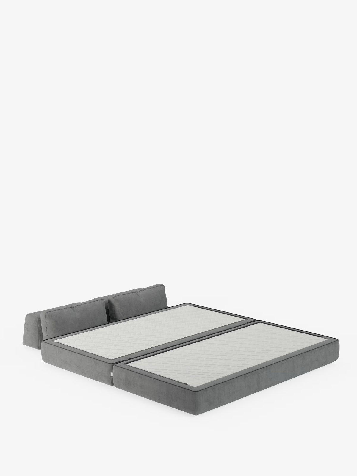 Un moderno divano letto matrimoniale Rift grigio a profilo ribassato, disponibile nelle versioni a 2 e 3 posti, firmato Divani.Store, rivestito in tessuto smacchiabile T31, è dotato di un materasso in memory foam diviso in due parti (alto 24 cm) e di due cuscini rettangolari spostabili che fungono da testiera, il tutto su uno sfondo bianco a tinta unita. Con le sue linee pulite e il design minimalista, questo letto è un complemento d’arredo ideale per qualsiasi ambiente contemporaneo.