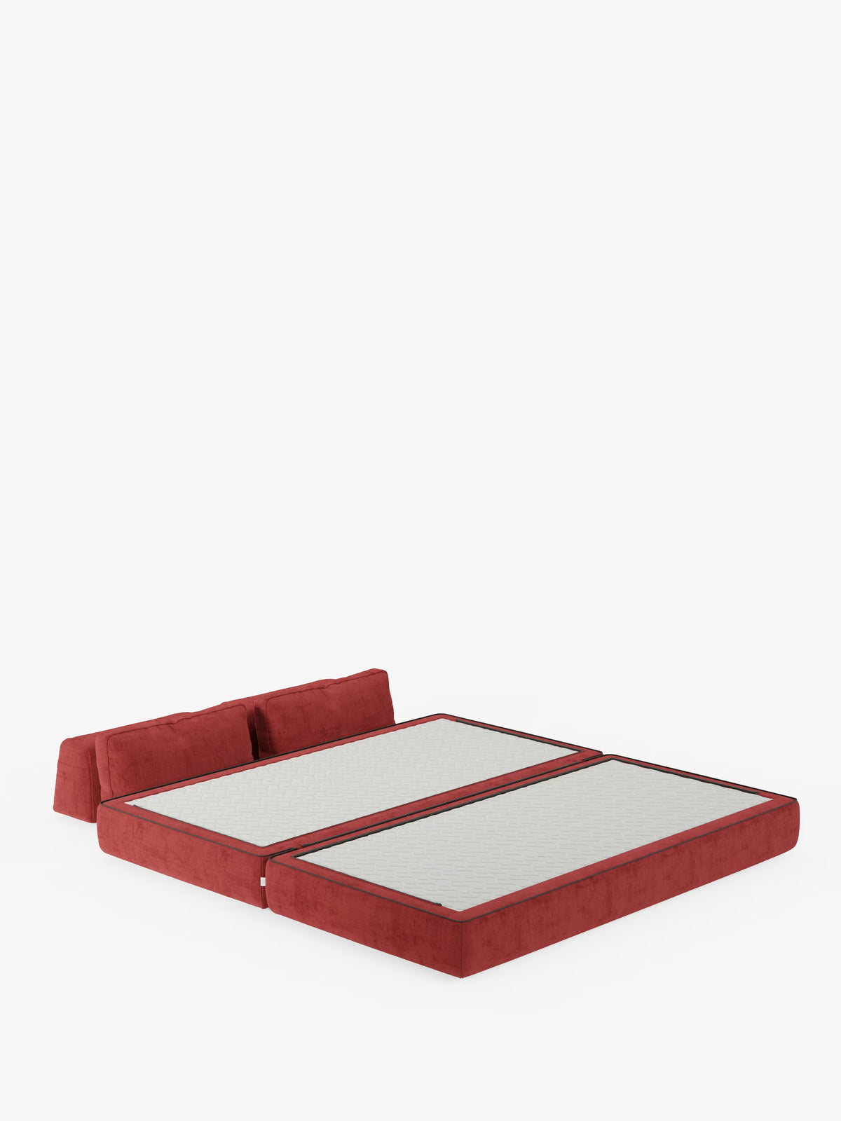 Il divano letto matrimoniale Rift a 2 e 3 posti con schienali mobili di Divani.Store è qui raffigurato completamente aperto in rosso, con due sezioni di materasso affiancate e uno schienale imbottito. Caratterizzato da un materasso in memory foam alto 24 cm e dal tessuto T31 facile da pulire, questo divano di design vanta linee pulite e un’estetica moderna e minimalista, che lo rendono un complemento d’arredo ideale per qualsiasi ambiente contemporaneo.