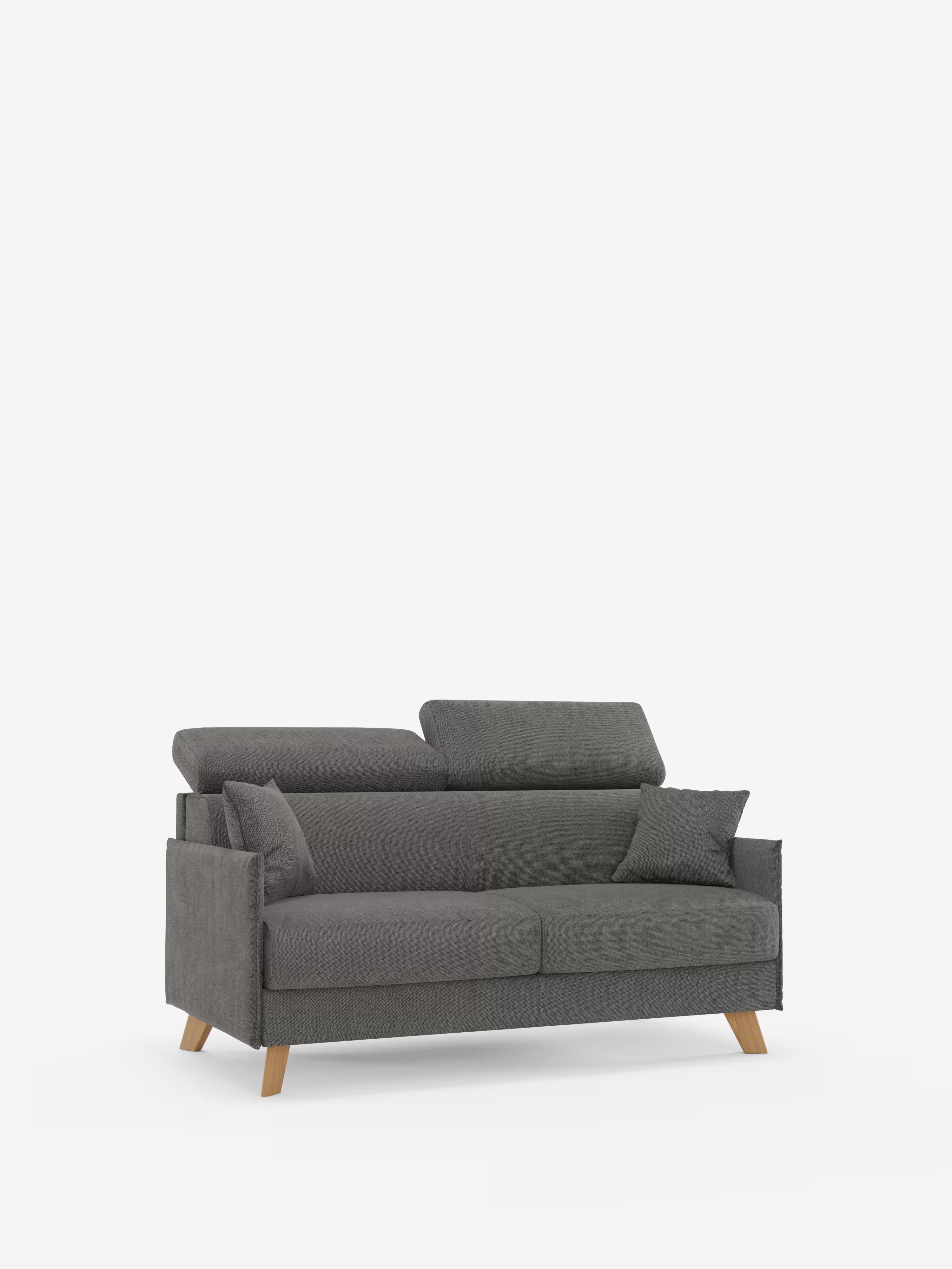 Un "Sole divano letto matrimoniale" contemporaneo di colore grigio scuro di Divani.Store, caratterizzato da un design compatto di ispirazione scandinava con due cuscini di seduta, due cuscini coordinati, gambe angolate in legno e poggiatesta regolabili in tessuto T23 facile da pulire, è esposto su uno sfondo bianco a tinta unita.