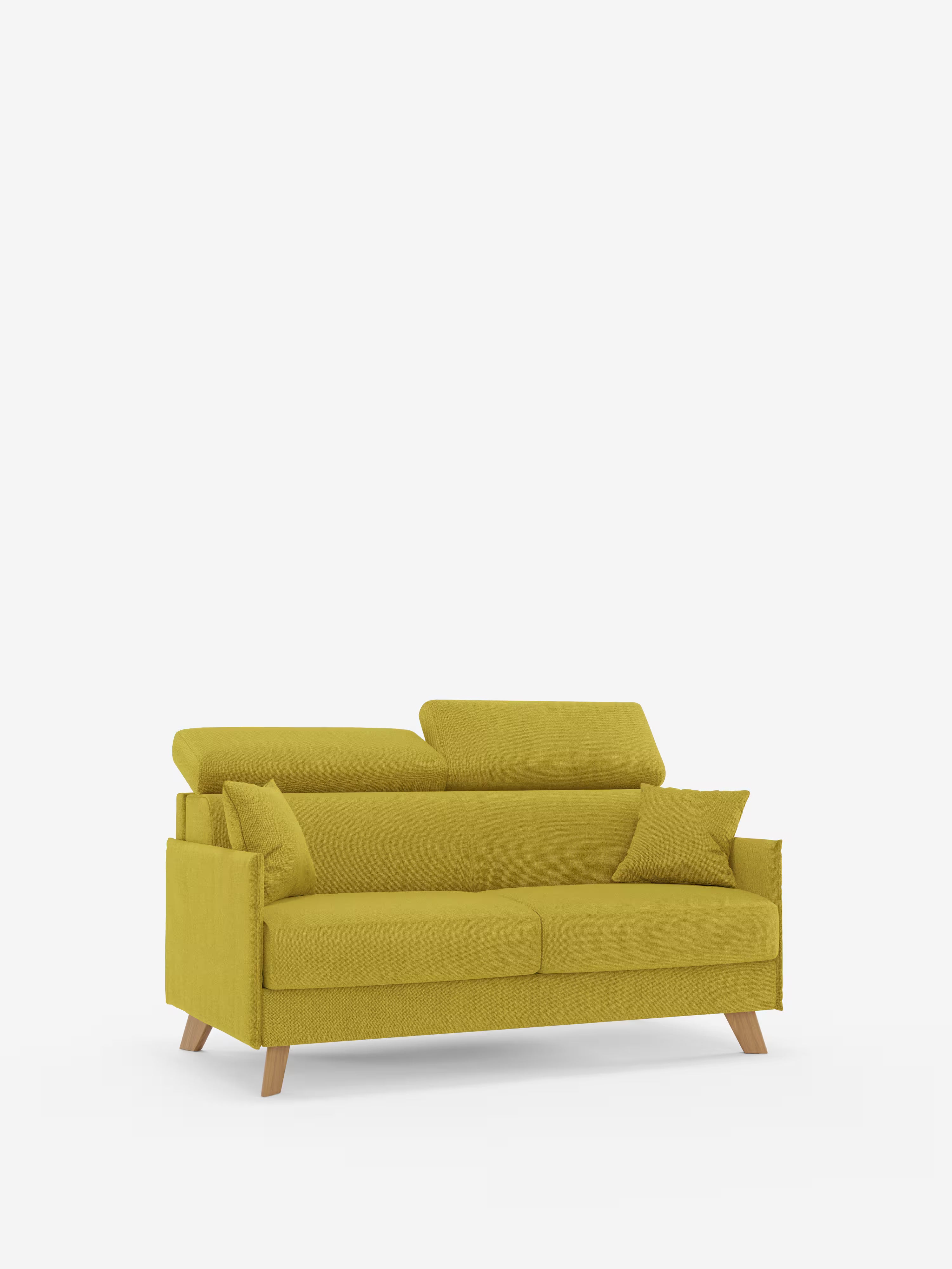 Vi presentiamo il divano letto matrimoniale Sole di Divani.Store: un divano compatto e moderno in una vivace tonalità giallo-verde, dotato di due cuscini di seduta, due cuscini dello schienale abbinati e due piccoli cuscini quadrati decorativi. Dotato di poggiatesta regolabili e gambe in legno, questo modello in stile scandinavo è interamente rivestito in tessuto T23 facile da pulire e con fodere rimovibili al 100%. Nell’immagine è raffigurato su uno sfondo bianco a tinta unita.