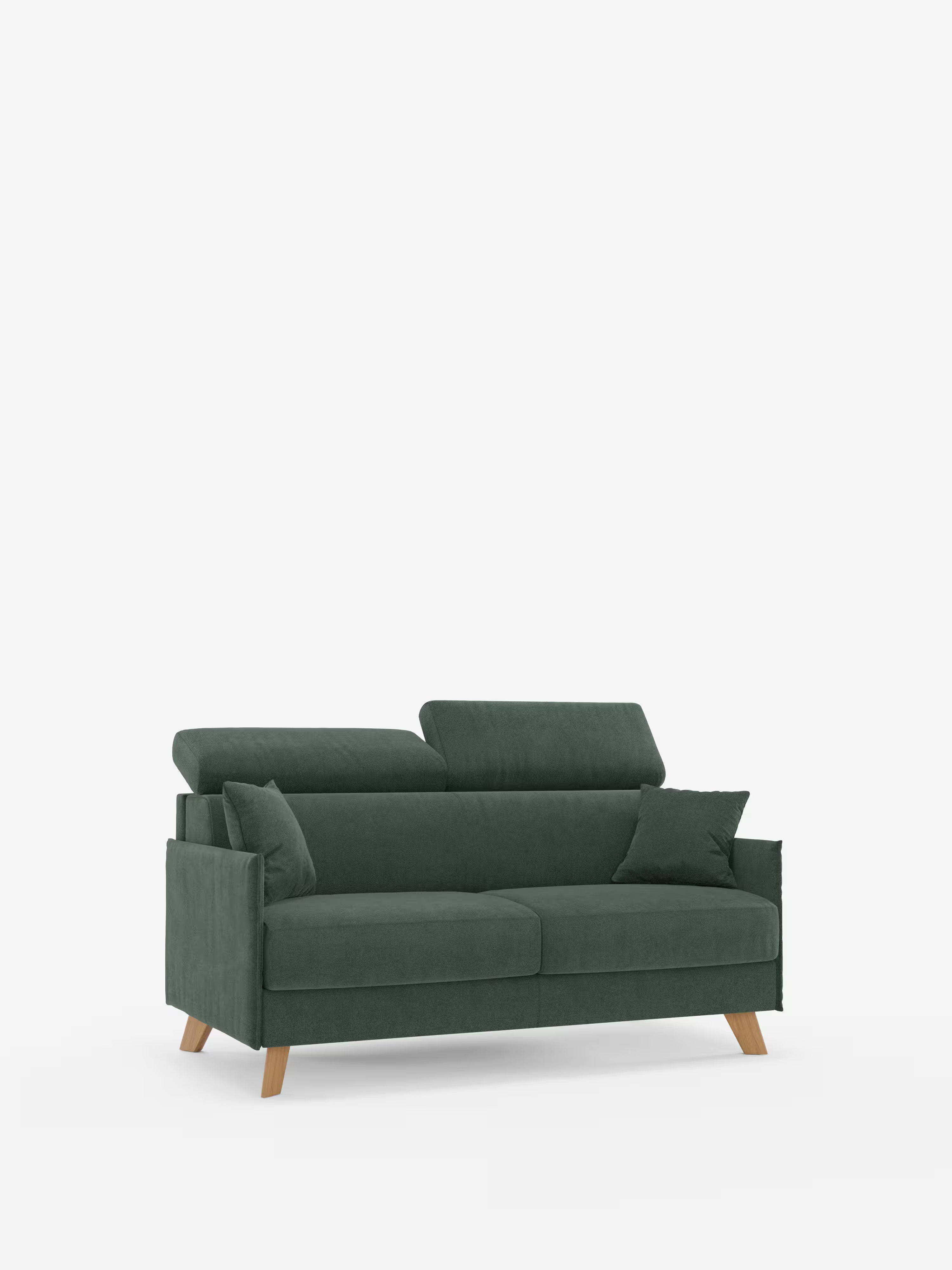 Sole, un divano letto compatto a due posti di colore verde scuro di Divani.Store, è dotato di poggiatesta reclinabili, gambe in legno, due cuscini di seduta e due cuscini dello schienale con poggiatesta rialzati. Rivestito in tessuto T23 facile da pulire e completamente sfoderabile, include cuscini coordinati su entrambi i lati e presenta un design moderno, minimalista e di ispirazione scandinava.