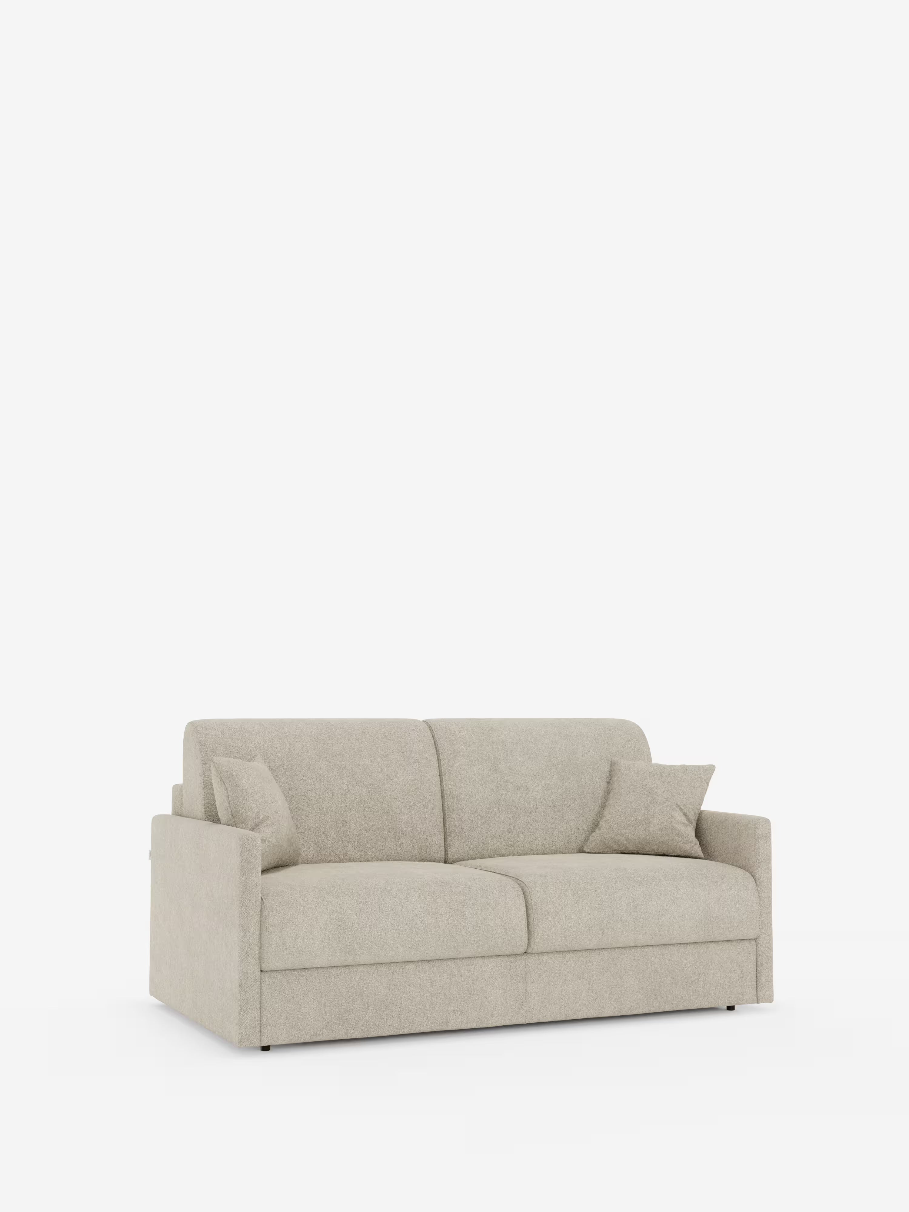 Vi presentiamo il divano letto Tommy Divano a 2 e 3 posti matrimoniale di Divani.Store: un divano a due posti color beige dal design minimalista e dalle linee pulite. Questo elegante modello presenta braccioli dritti (braccioli slim), due cuscini di seduta, due cuscini di schienale e viene fornito con due cuscini decorativi coordinati. Rivestito in tessuto simile al cotone (T33), 100% sfoderabile e antimacchia, il divano poggia su sobrie gambe scure che risultano quasi invisibili sullo sfondo bianco.