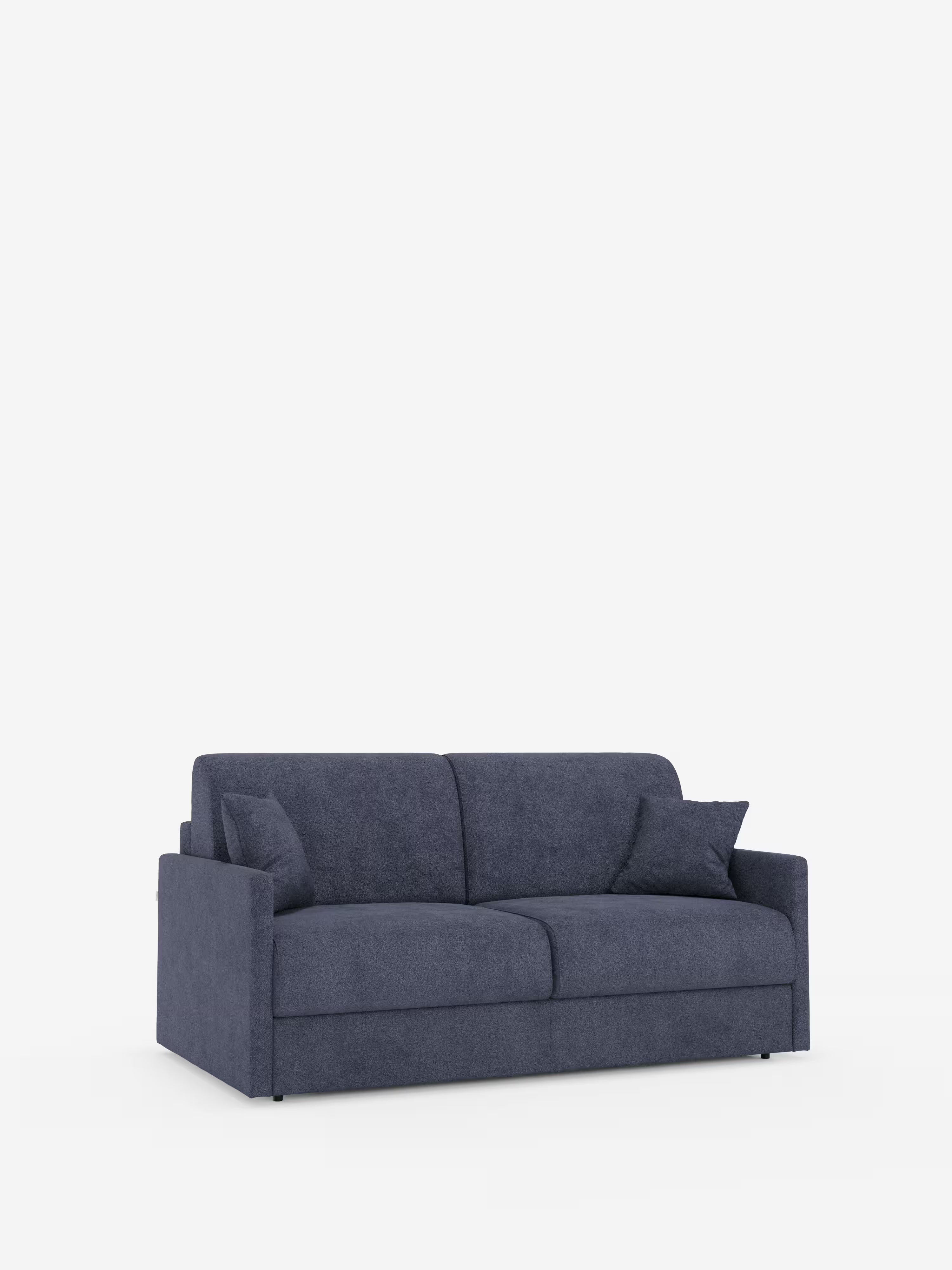 Il divano letto Tommy a 2 e 3 posti matrimoniale di Divani.Store, in stile moderno e di colore blu scuro, è rivestito in tessuto simile al cotone (T33), rimovibile al 100% e resistente alle macchie. Questo divano letto compatto è dotato di due cuscini di seduta, due cuscini dello schienale e due cuscini decorativi abbinati. Con i suoi braccioli dritti e la semplice forma squadrata, il divano letto si presenta su uno sfondo bianco liscio.