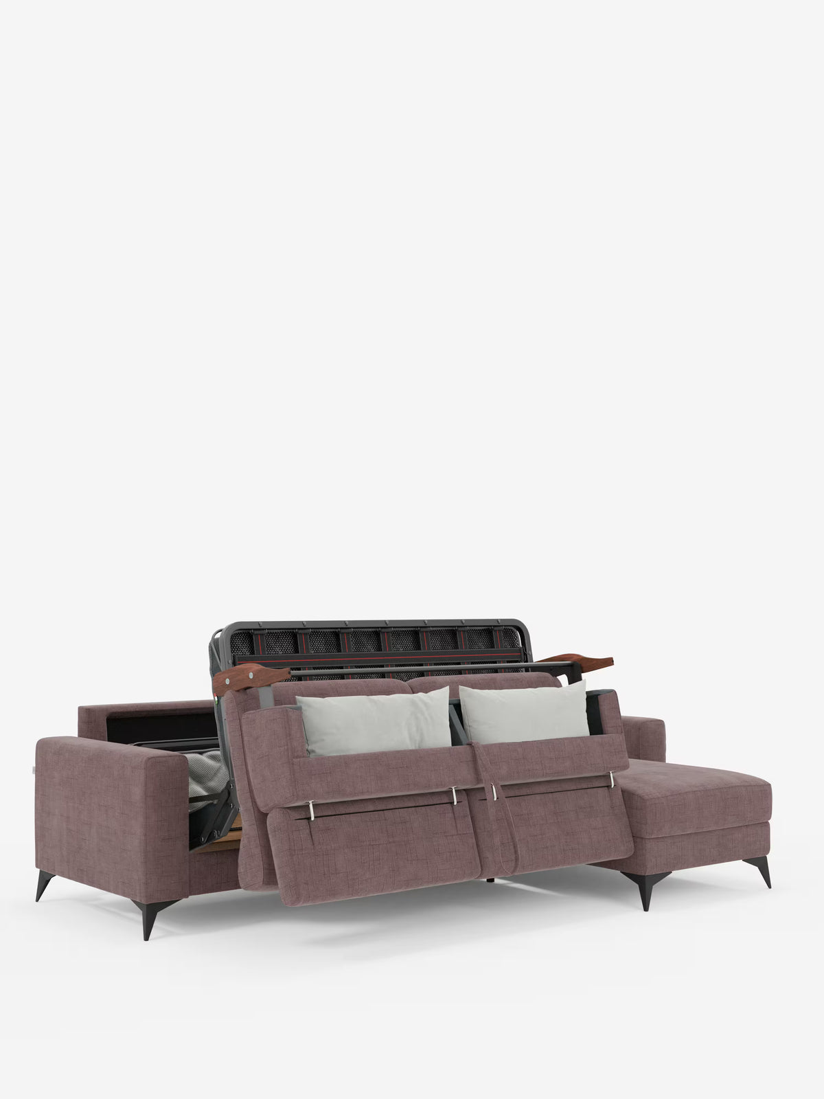 Il divano letto angolare Pegaso con poggiatesta reclinabili e penisola contenitore in tessuto jacquard smacchiabile T22 di Divani.Store presenta una finitura color malva con eleganti gambe nere; la seduta si solleva per rivelare un ampio vano contenitore nascosto in cui riporre la biancheria da letto, mentre tre cuscini grigio chiaro poggiano contro lo schienale.