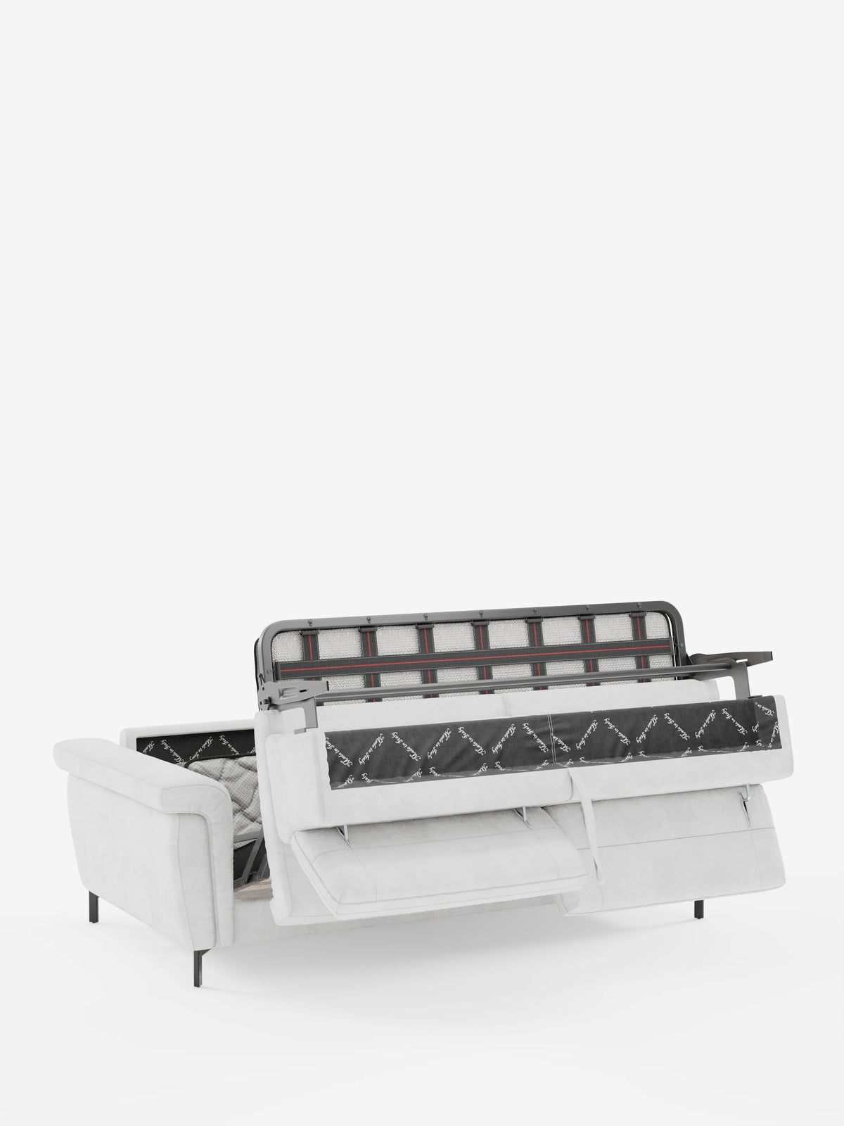 Il divano letto di design Capri con piedini alti di Divani.Store è presentato in grigio chiaro, parzialmente aperto per rivelare il meccanismo a letto estraibile nascosto, con i supporti metallici interni e la struttura del materasso a vista. Rivestito con un lussuoso tessuto effetto velluto smacchiabile T30, facile da pulire, e dotato di eleganti poggiatesta reclinabili, questo divano coniuga uno stile sofisticato e un comfort eccezionale su uno sfondo bianco a tinta unita.