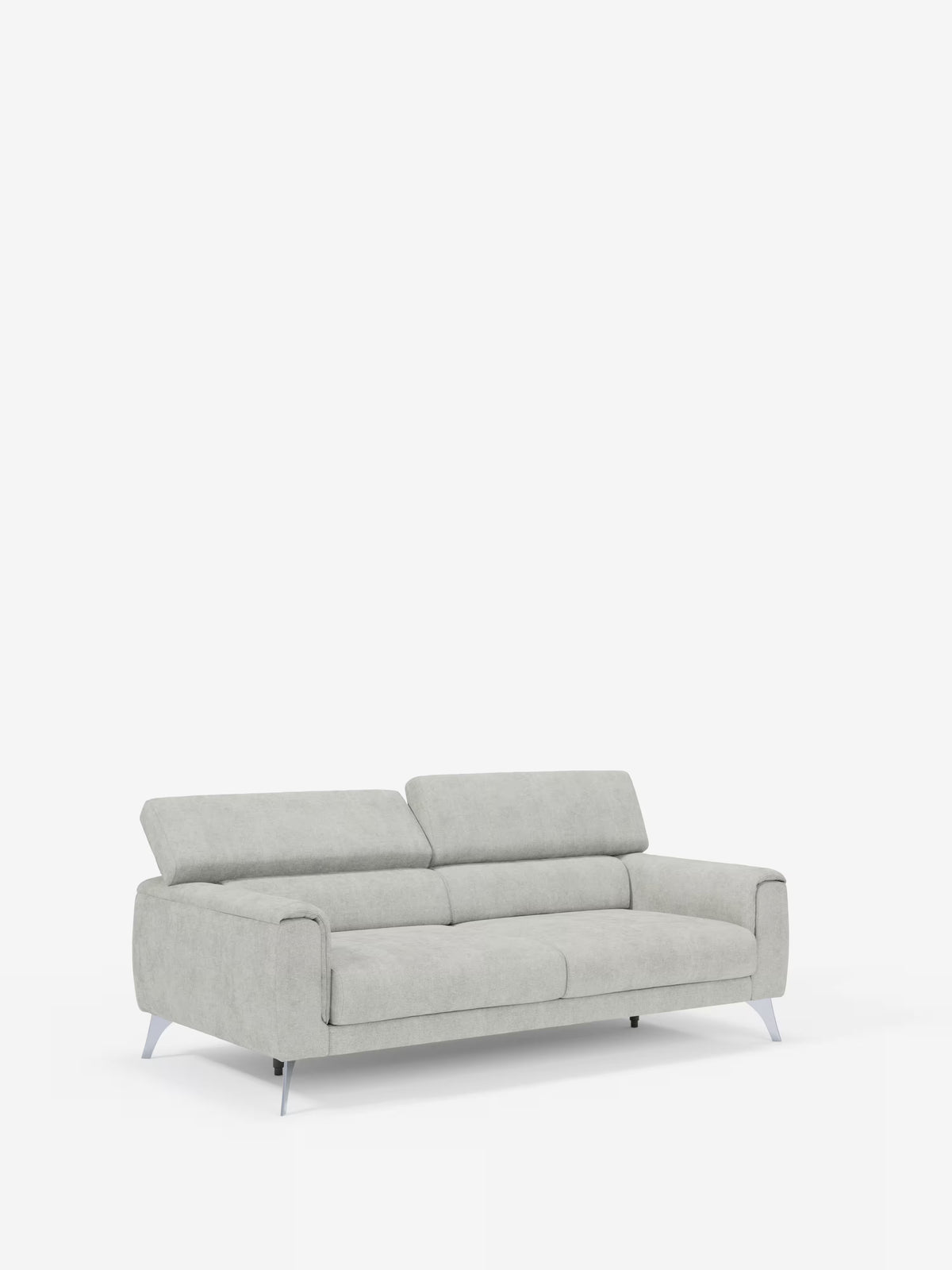 Vi presentiamo il divano Caravaggio a 2 e 3 posti di Divani.Store: un divano moderno rivestito in elegante tessuto T31 resistente alle macchie. Caratterizzato da poggiatesta regolabili, sedute allungate, braccioli bassi e raffinate gambe in metallo argentato, questo divano grigio chiaro spicca su uno sfondo bianco a tinta unita. Il suo design minimalista è perfetto per qualsiasi soggiorno contemporaneo.