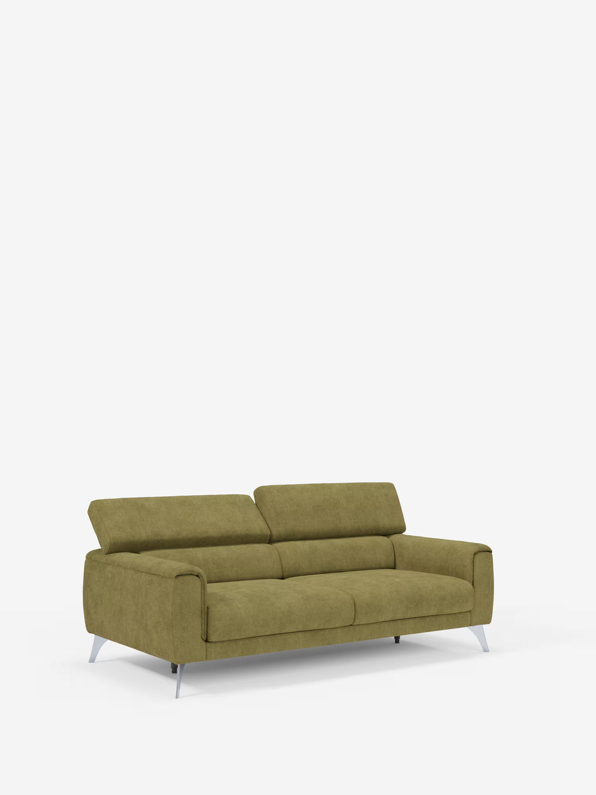 Vi presentiamo il divano Caravaggio a 2 e 3 posti con sedute allungabili e poggiatesta reclinabili, realizzato nell’elegante tessuto smacchiabile T31 di Divani.Il modello, qui presentato in una moderna tonalità di verde oliva con due cuscini di seduta, due schienali, braccioli bassi ed eleganti gambe in metallo argentato su uno sfondo bianco, è un divano moderno che coniuga con naturalezza comfort e raffinatezza, rendendolo il complemento d’arredo perfetto per qualsiasi soggiorno contemporaneo.
