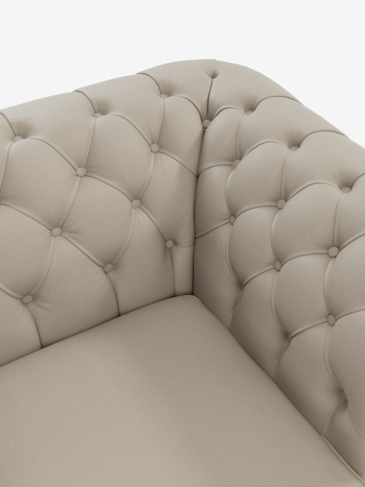 Primo piano dell'angolo del divano Chester 4 Posti 3 sedute in Vera Pelle – Chesterfield Capitonné Artigianale di Divani.Modello realizzato in vera pelle italiana, caratterizzato da eleganti dettagli capitonné e da un rivestimento testurizzato sullo schienale e sui fianchi, con morbida imbottitura della seduta che richiama lo stile intramontabile di un classico divano Chesterfield.