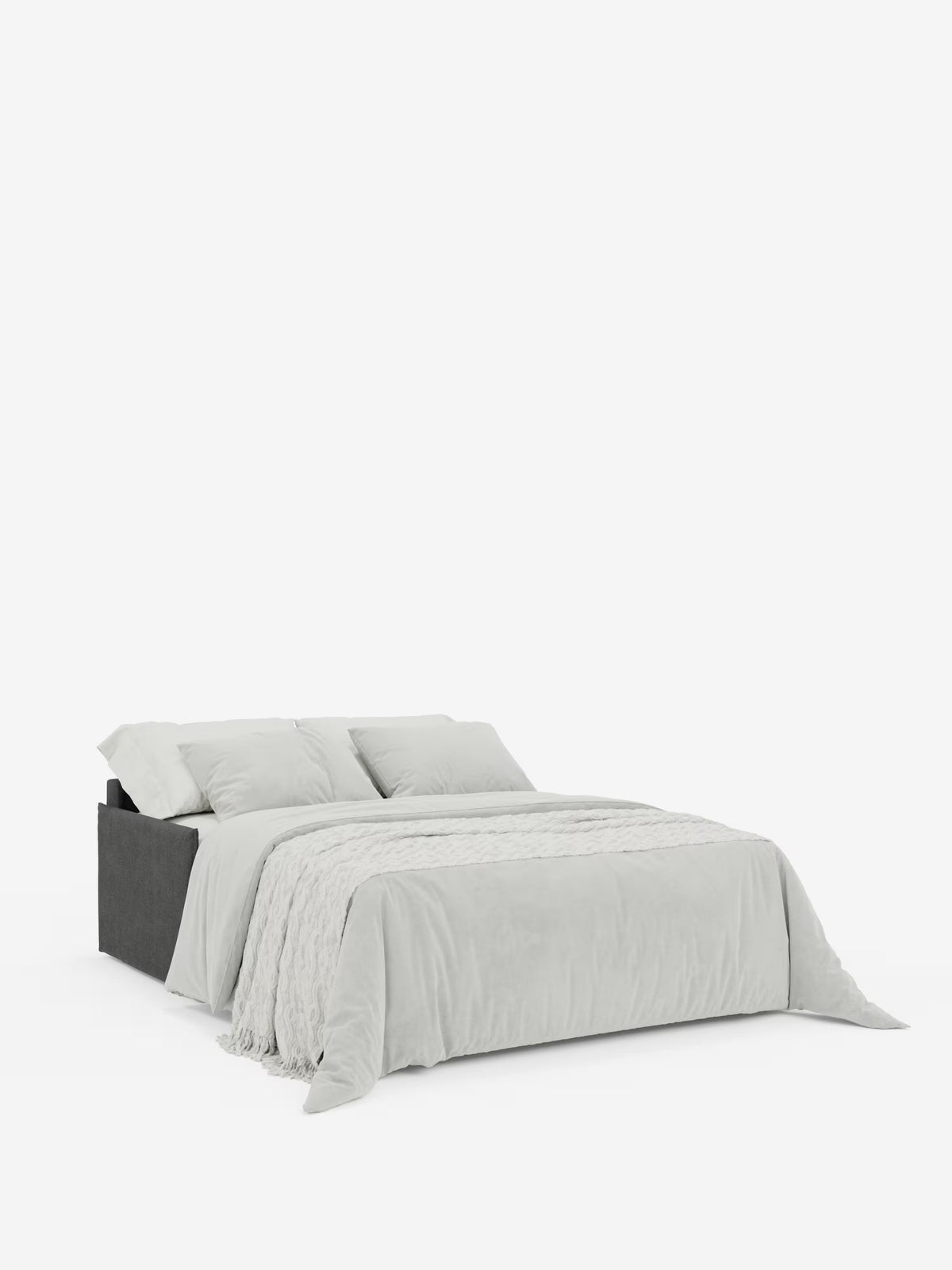 Una scelta elegante e pratica per qualsiasi ambiente contemporaneo: il divano letto matrimoniale sfoderabile Evans di Divani.Store presenta un design compatto con una base imbottita scura in tessuto smacchiabile T23, morbida biancheria da letto grigio chiaro, un plaid color crema con trama in rilievo e quattro cuscini coordinati, il tutto su uno sfondo bianco a tinta unita. Un pratico vano porta guanciali completa questa soluzione moderna.