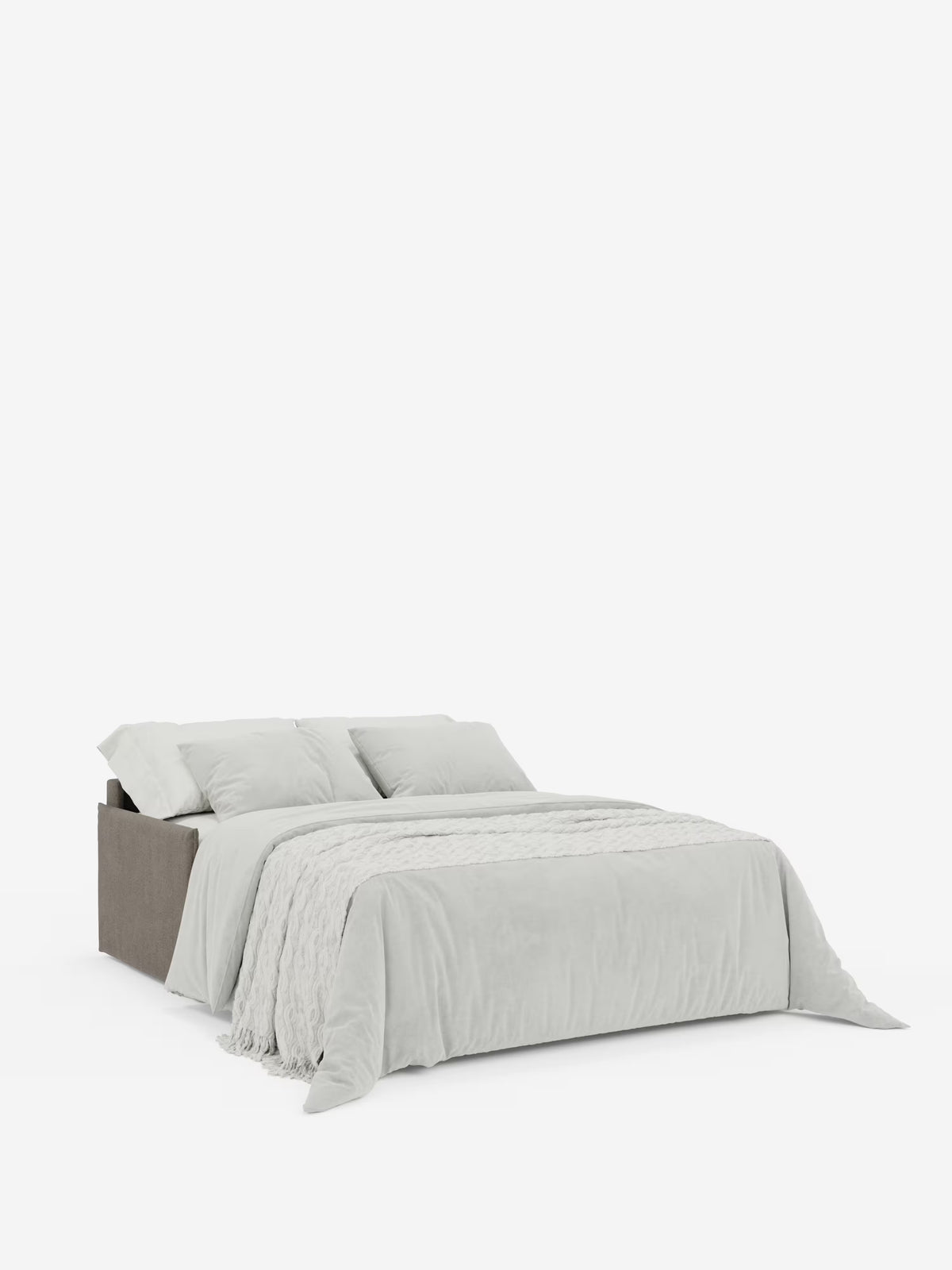 Ecco la frase riscritta utilizzando i dati del prodotto: Il divano letto matrimoniale sfoderabile Evans di Divani.Store presenta una base imbottita grigia, rifinita con cura con biancheria da letto grigio chiaro, due cuscini e un plaid testurizzato drappeggiato ai piedi del letto. Con il suo design compatto e il pratico vano porta guanciali in tessuto smacchiabile T23, questo versatile divano letto è ideale per gli spazi moderni che danno importanza sia allo stile che alla funzionalità. Lo sfondo è bianco