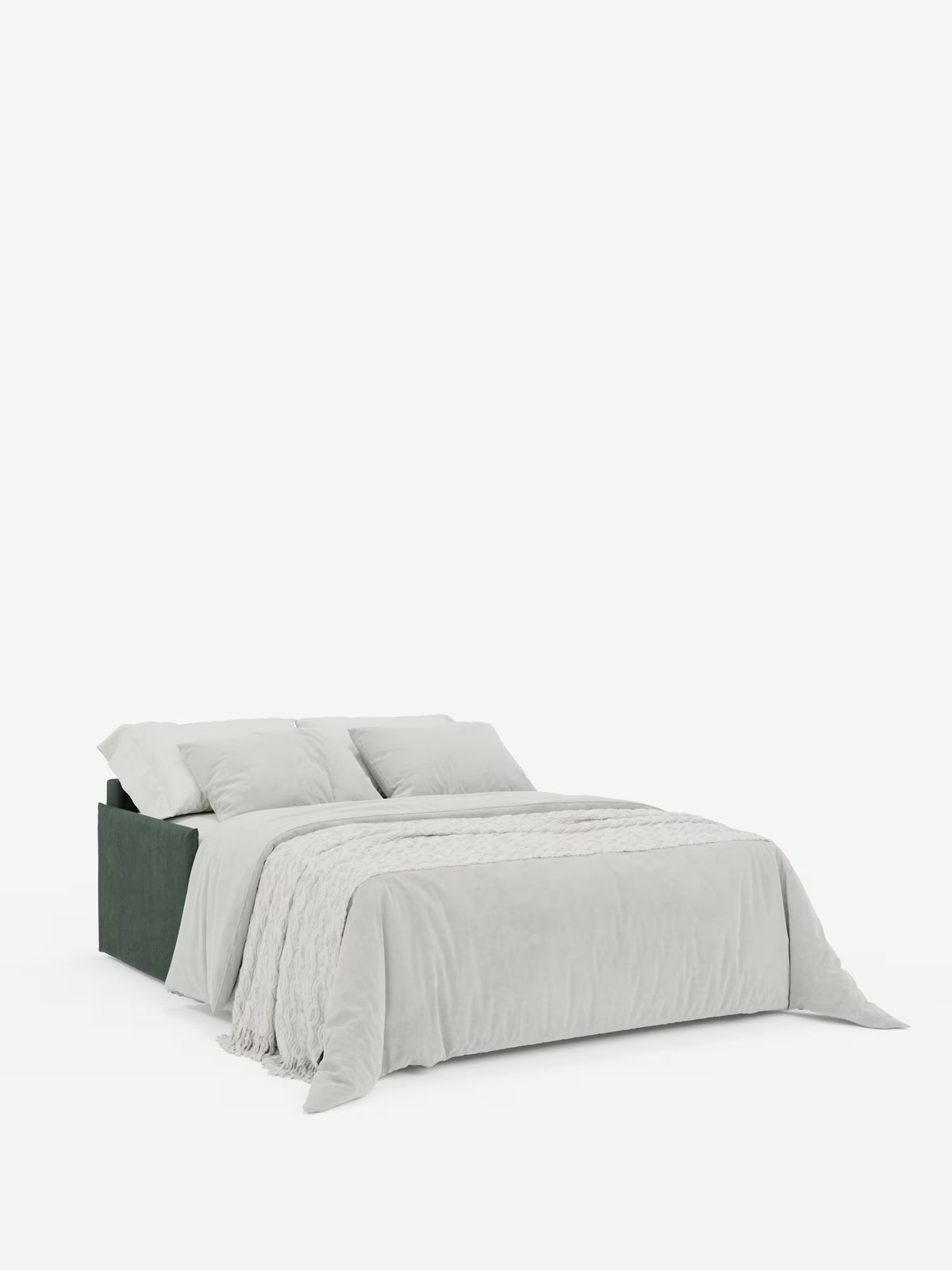 Un divano letto matrimoniale contemporaneo della linea Evans di Divani.Store, con struttura imbottita di colore verde in tessuto T23 antimacchia, biancheria da letto grigio chiaro con due cuscini e una coperta piegata con trama in rilievo ai piedi del letto, oltre a un’ampia superficie di riposo per un maggiore comfort, il tutto presentato su uno sfondo bianco a tinta unita.