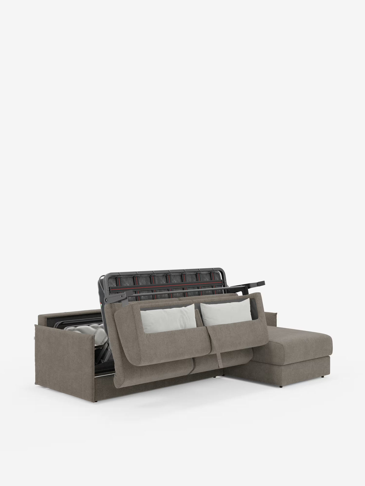 Vi presentiamo il divano letto angolare con penisola contenitore Evans di Divani.Store, un divano componibile compatto rivestito in tessuto T23 color taupe, facile da pulire. È dotato di due cuscini di seduta che, una volta sollevati, rivelano un ampio vano contenitore nascosto, ideale per mantenere il vostro soggiorno in ordine e ben organizzato. La sezione chaise longue (penisola contenitore) è posizionata sulla destra per garantire maggiore comfort e versatilità, con due cuscini bianchi riposti