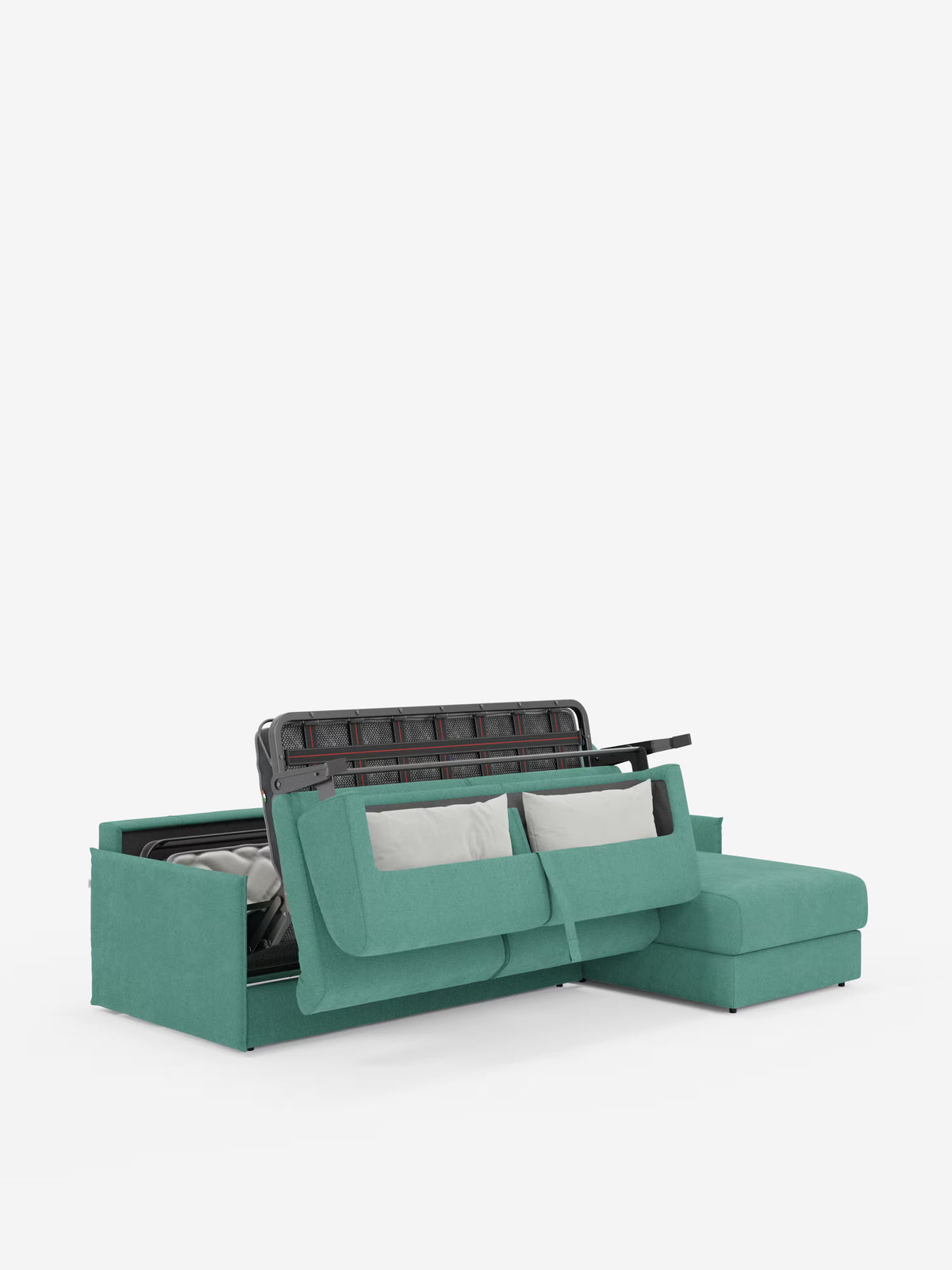 Divano letto angolare Evans con penisola contenitore di Divani.Store, caratterizzato da un design compatto in tessuto T23 resistente alle macchie. Questo divano componibile a L color verde acqua con chaise longue funge da versatile divano letto angolare per gli spazi abitativi moderni. La seduta principale si solleva per rivelare una spaziosa penisola contenitore che offre un comodo spazio di stivaggio, mentre due cuscini decorativi di colore chiaro impreziosiscono il divano. Sullo sfondo bianco a tinta
