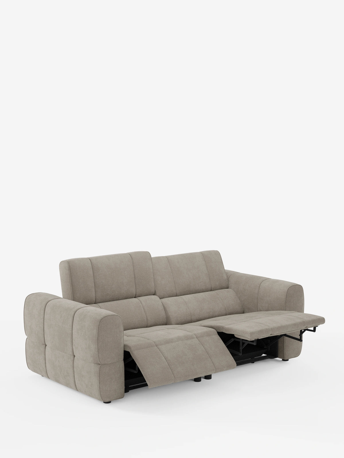 Giotto, divano modulare a tre posti con poggiatesta reclinabili e funzione relax elettrica opzionale, rivestito in tessuto smacchiabile T23: un divano a tre posti in tessuto beige con pannelli laterali trapuntati, un lato reclinabile che ne mostra il meccanismo e poggiatesta regolabili.