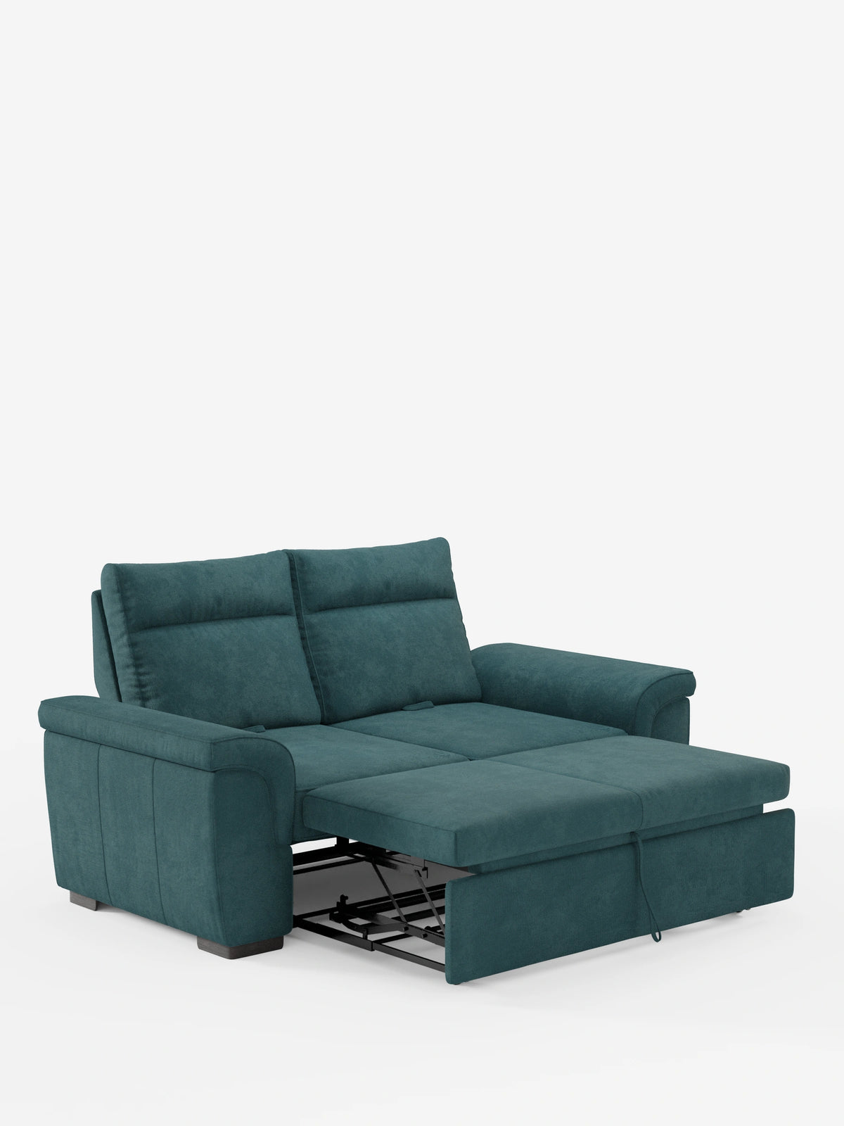Il divano Ischia a tre posti con pouf estraibile e schienali scorrevoli in tessuto misto lino antimacchia è un divano a tre posti color verde acqua con un pouf estraibile, due cuscini dello schienale e ampi braccioli, realizzato in un tessuto testurizzato su fondo bianco.