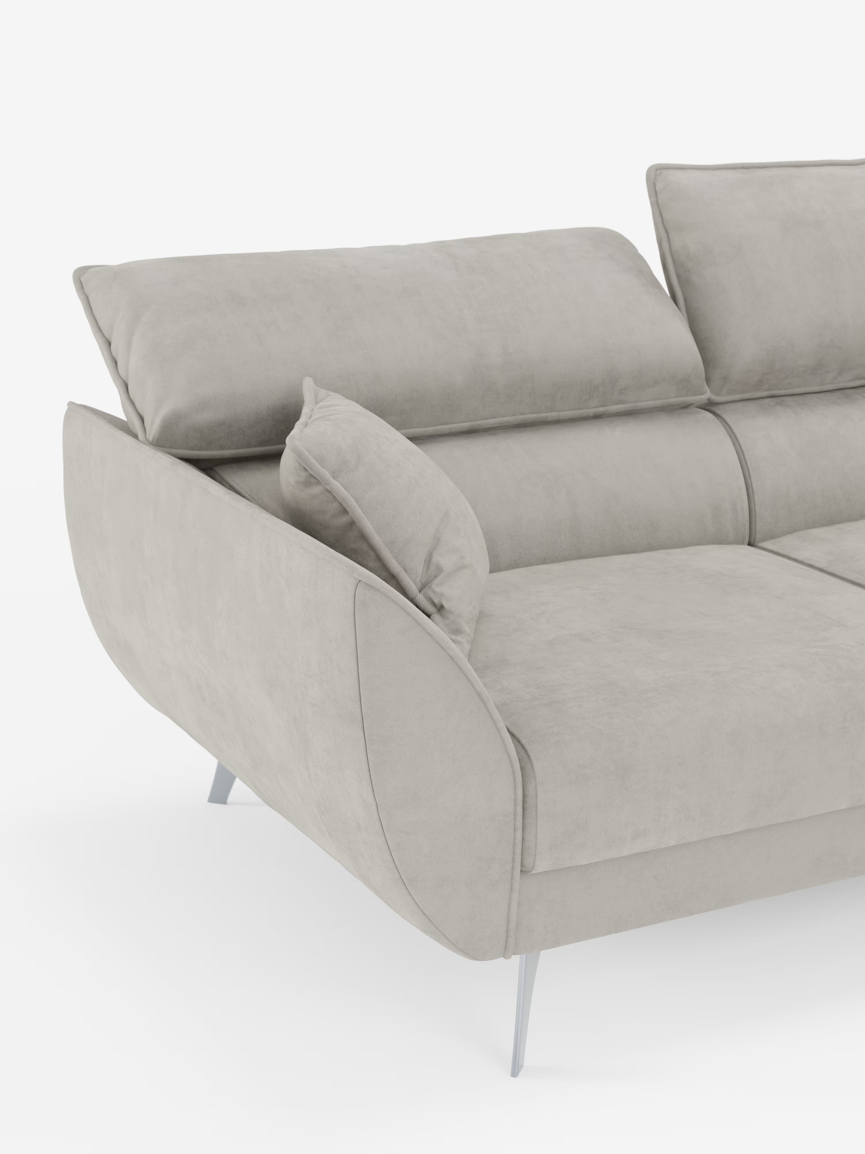 Viene presentato un divano angolare contemporaneo “Michelangelo” con penisola e sedute estensibili di Divani.Store, rivestito in tessuto T30 grigio chiaro, raffinato, smacchiabile, dall’effetto vellutino e dalla morbida consistenza simile alla pelle scamosciata. Presenta eleganti gambe in metallo, un bracciolo imbottito angolato e poggiatesta reclinabili. Su uno sfondo bianco sono visibili solo l’angolo sinistro e il lato della chaise longue.