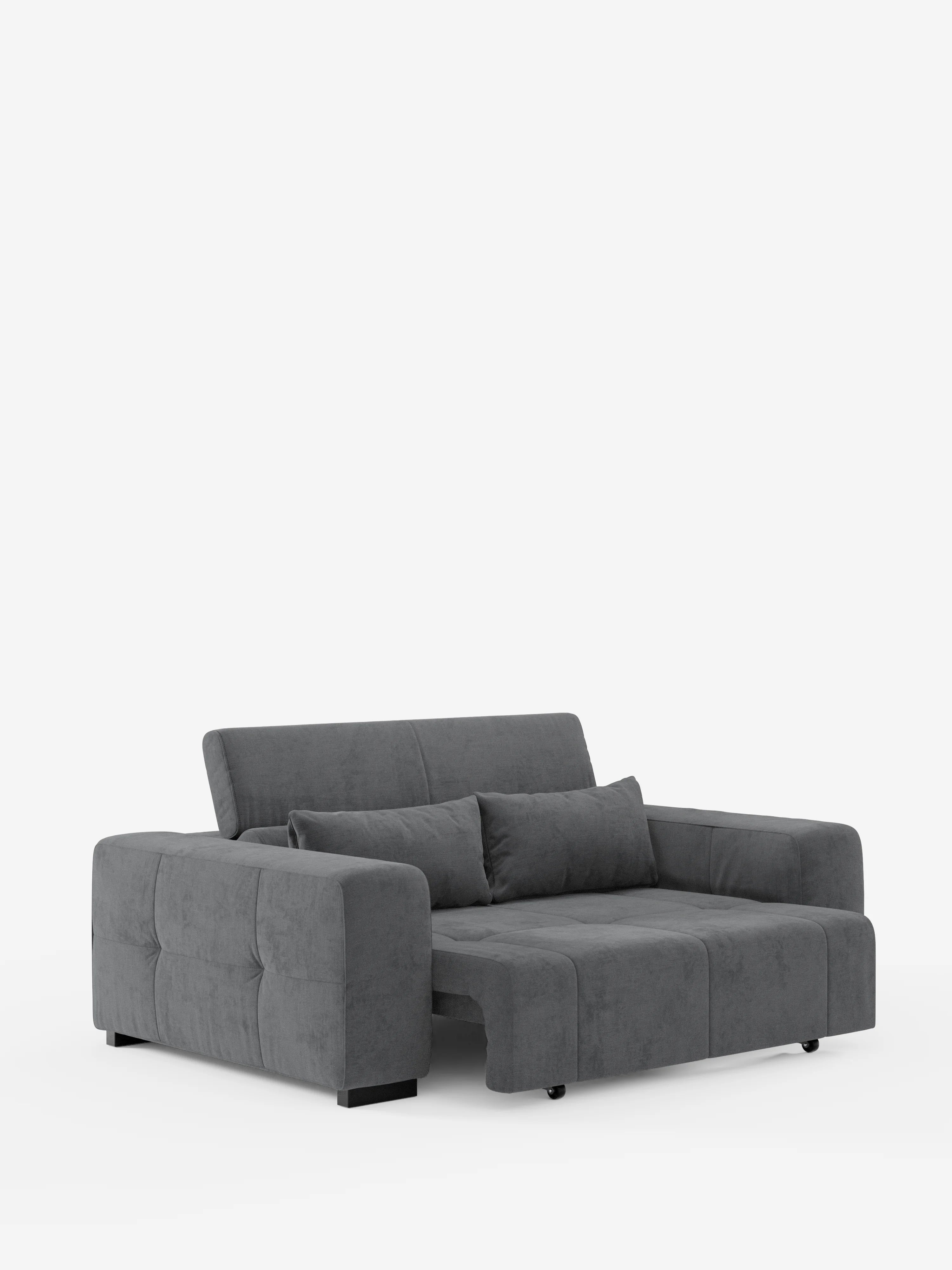 Il divano Monarch con relax elettrico di Divani.Store, rivestito in morbido tessuto T31 antimacchia in un elegante grigio scuro, presenta un design contemporaneo ispirato allo stile del divano contemporaneo. È dotato di ampi braccioli, due morbidi cuscini schienali, una sezione inferiore allungata che funge sia da chaise longue che da letto estraibile, e include l’estensione elettrica della seduta con poggiatesta regolabili, il tutto su uno sfondo bianco a tinta unita.