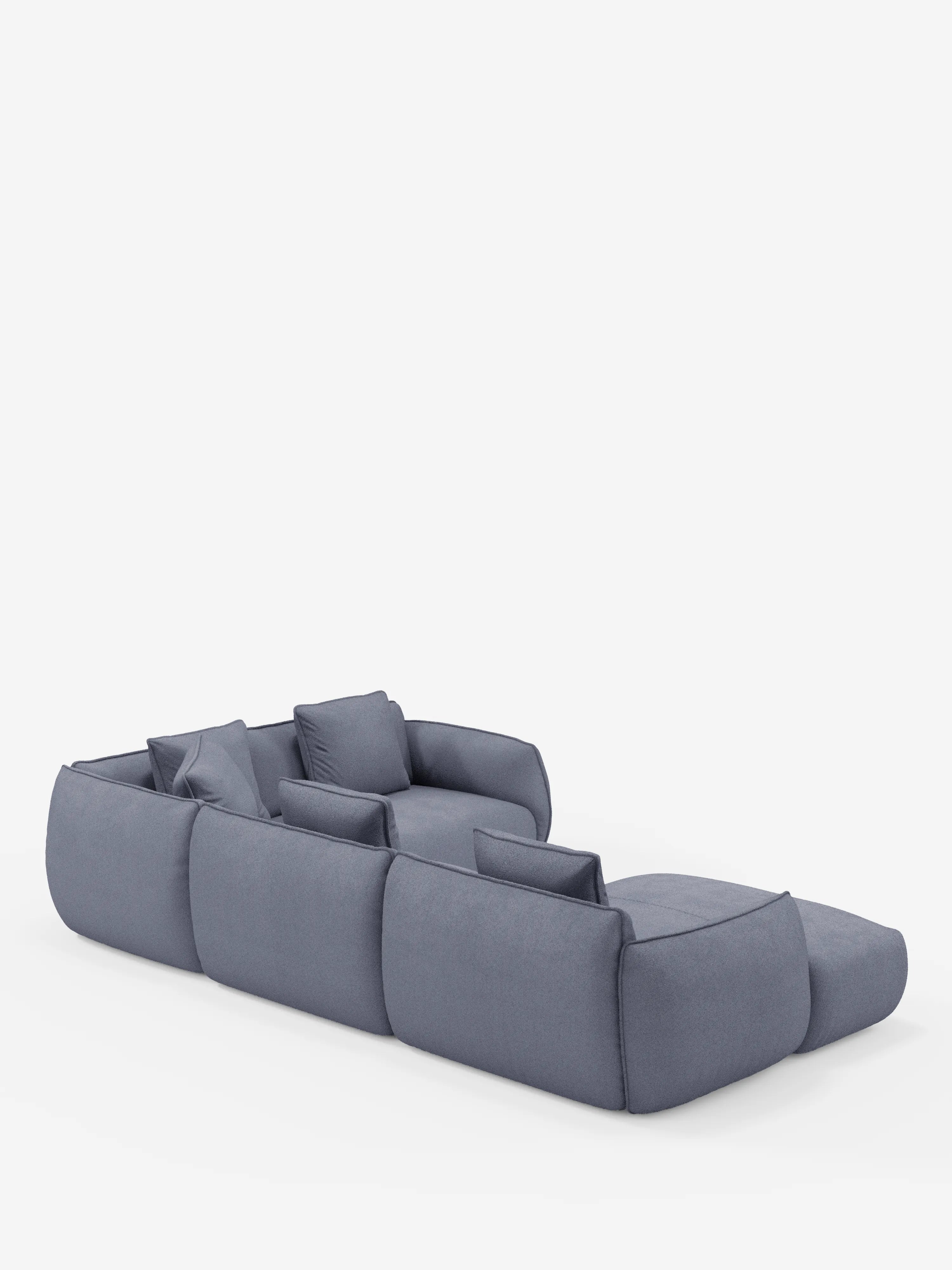 Vi presentiamo il divano angolare panoramico componibile Nimbus con penisola e angolo in tessuto smacchiabile T33 di Divani.Store, un moderno divano componibile grigio. Realizzato in Italia, questo divano offre tre posti a sedere principali con cuscini dello schienale coordinati e bordi morbidi e arrotondati. Si caratterizza per un design dal profilo basso e cuscini spessi e morbidi per il massimo comfort, il tutto su uno sfondo bianco a tinta unita.