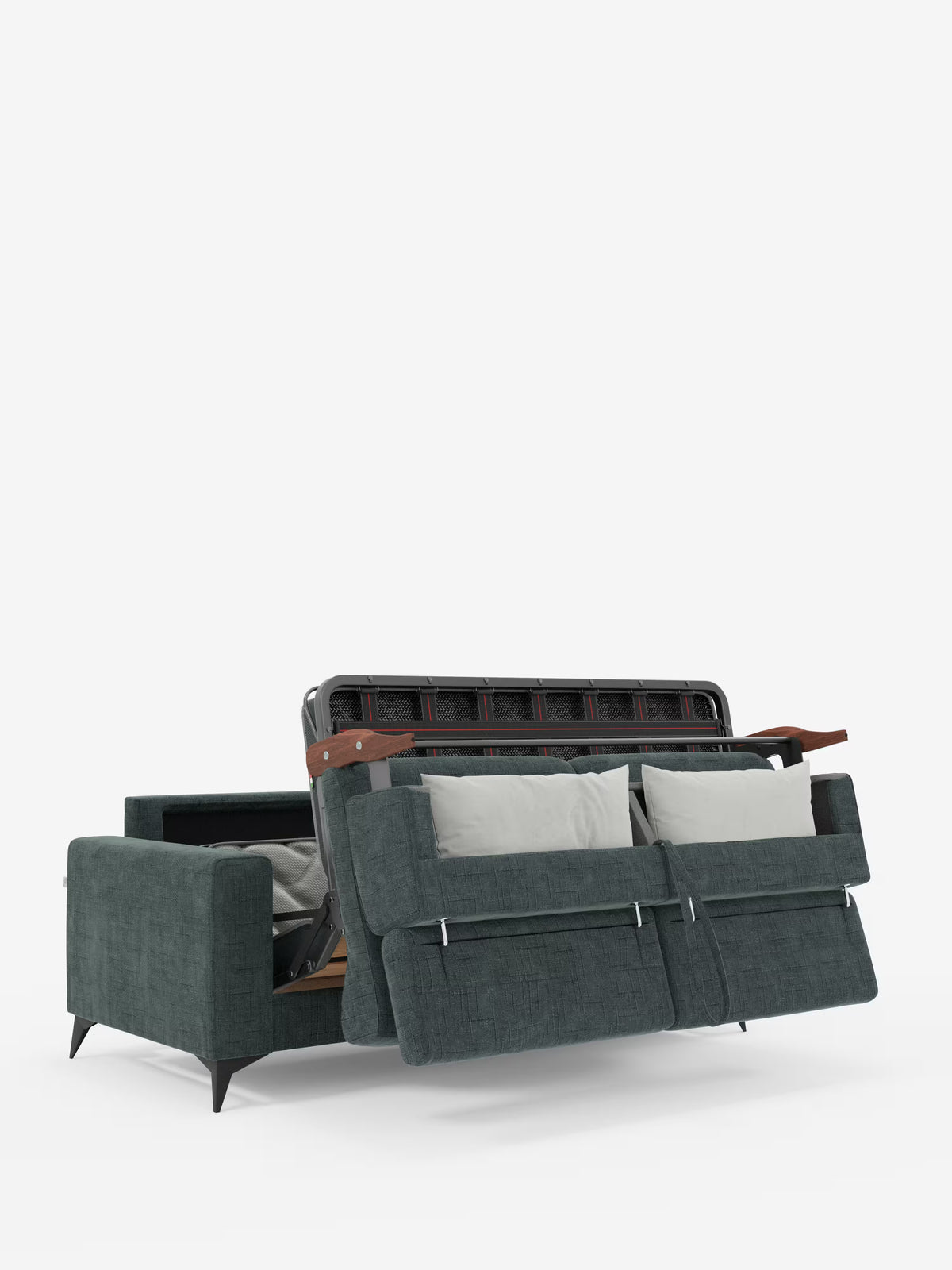 Un divano letto matrimoniale Pegaso di Divani.Store, rivestito in tessuto jacquard smacchiabile verde scuro T22, è presentato con due cuscini grigi. La seduta e lo schienale si sollevano per rivelare il meccanismo del letto a scomparsa sottostante. Questo divano moderno presenta braccioli sottili, gambe angolate nere e poggiatesta regolabili, il tutto su uno sfondo bianco a tinta unita.