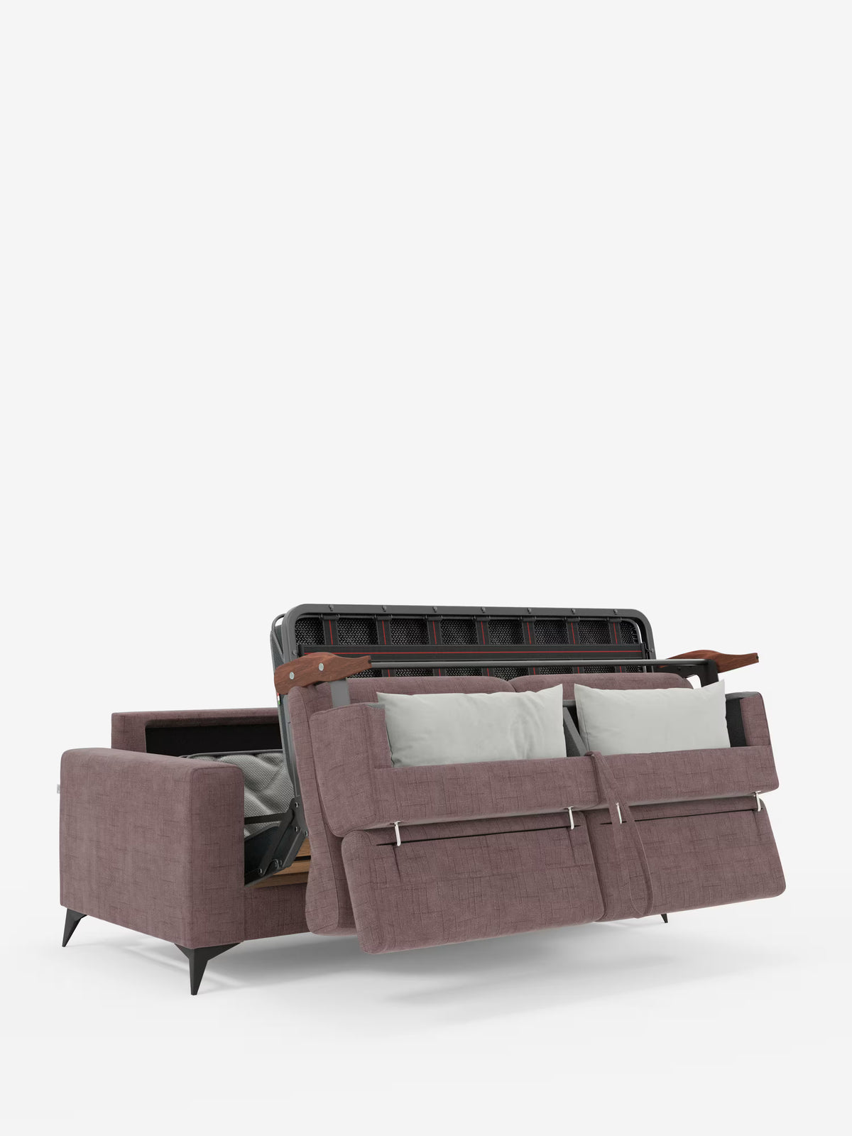 Il divano letto matrimoniale Pegaso di Divani.Store, rivestito in tessuto jacquard smacchiabile T22 color malva, è raffigurato parzialmente aperto per mostrare il vano contenitore nascosto e il meccanismo di estrazione del letto. Questo elegante divano trasformabile è caratterizzato da gambe affusolate nere, due cuscini grigio chiaro appoggiati allo schienale e poggiatesta regolabili. Lo sfondo è bianco a tinta unita.