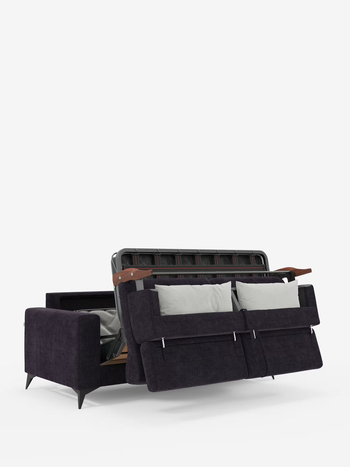 Un divano letto matrimoniale Pegaso di colore grigio scuro, firmato Divani.Store, caratterizzato da gambe sottili e poggiatesta reclinabili rivestiti in tessuto jacquard T22 antimacchia, è parzialmente aperto per rivelare la struttura del materasso nascosta al suo interno. Sul sedile sono appoggiati due cuscini di colore chiaro. Lo sfondo è bianco a tinta unita.