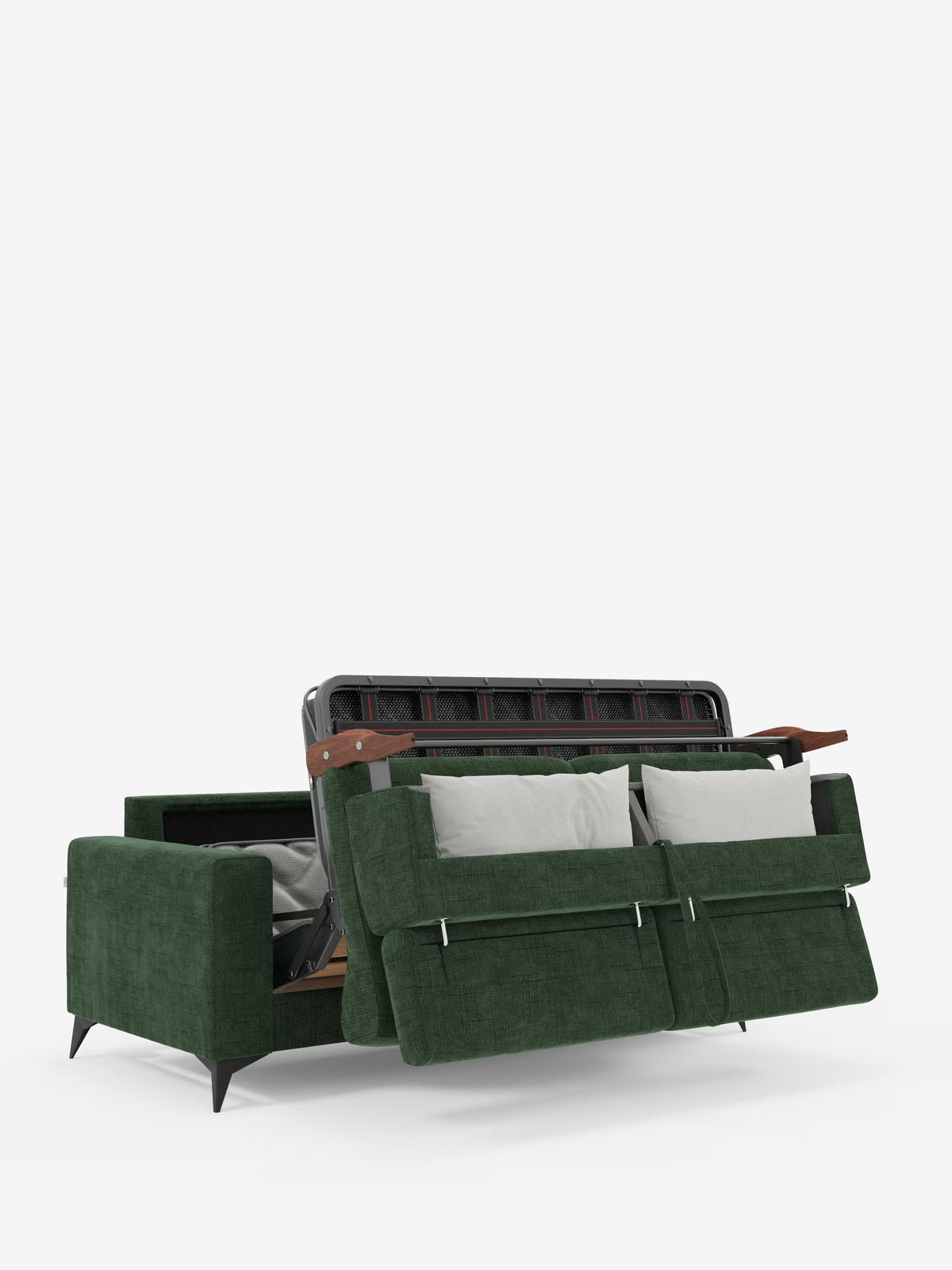 Un divano letto matrimoniale Pegaso verde di Divani.Store, rivestito in tessuto jacquard T22 facile da pulire, è raffigurato con il materasso parzialmente aperto. Due cuscini grigi poggiano sulla seduta, mentre i braccioli e la base sono interamente rivestiti. Le gambe nere sollevano il mobile, mettendo in risalto il suo design moderno dalle linee slanciate e i poggiatesta regolabili. Lo sfondo è bianco a tinta unita.
