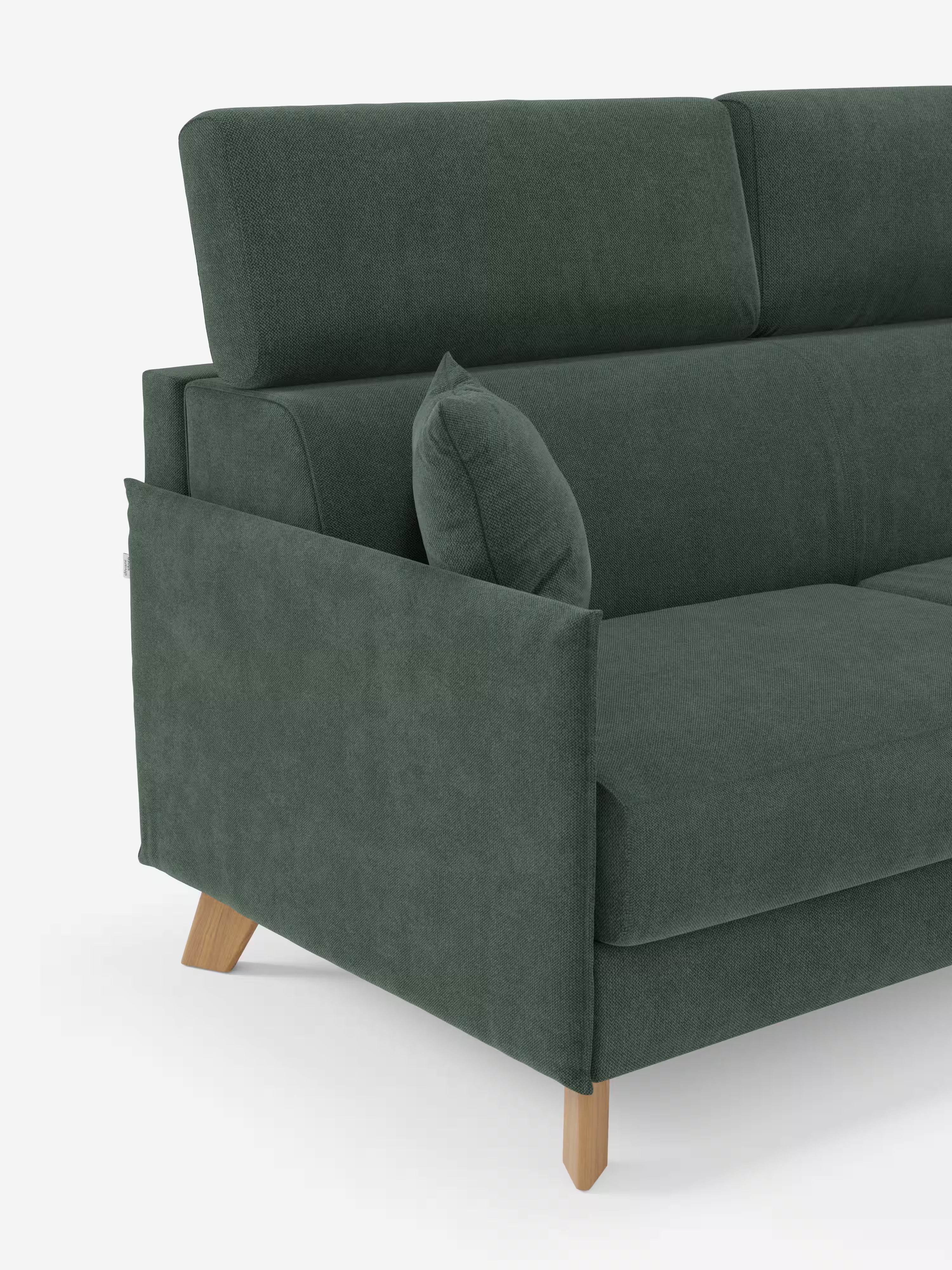 Vi presentiamo il divano letto matrimoniale Sole dal design compatto di Divani.Store: un moderno divano in stile scandinavo di colore verde scuro, dotato di poggiatesta reclinabili, gambe angolate in legno chiaro e un cuscino coordinato posizionato sul bracciolo. Rivestito in morbido tessuto T23, dalla trama particolare e resistente alle macchie, completamente sfoderabile. In questa immagine è raffigurato solo il lato sinistro di questo elegante divano su uno sfondo bianco a tinta unita.