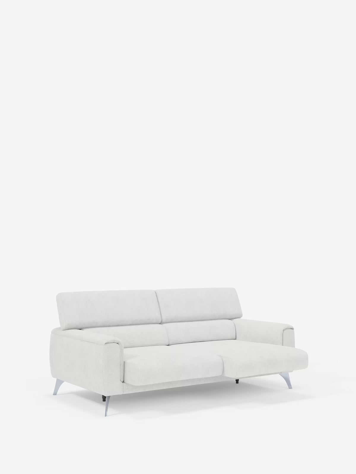 Il divano Caravaggio a 2 e 3 posti di Divani.Store, rivestito in elegante tessuto T31 resistente alle macchie, è dotato di sedute estensibili e poggiatesta reclinabili. Il suo design moderno in grigio chiaro, con eleganti gambe in metallo, crea un look minimalista ideale per un salotto contemporaneo, in grado di ospitare comodamente tre persone e qui raffigurato su uno sfondo bianco.