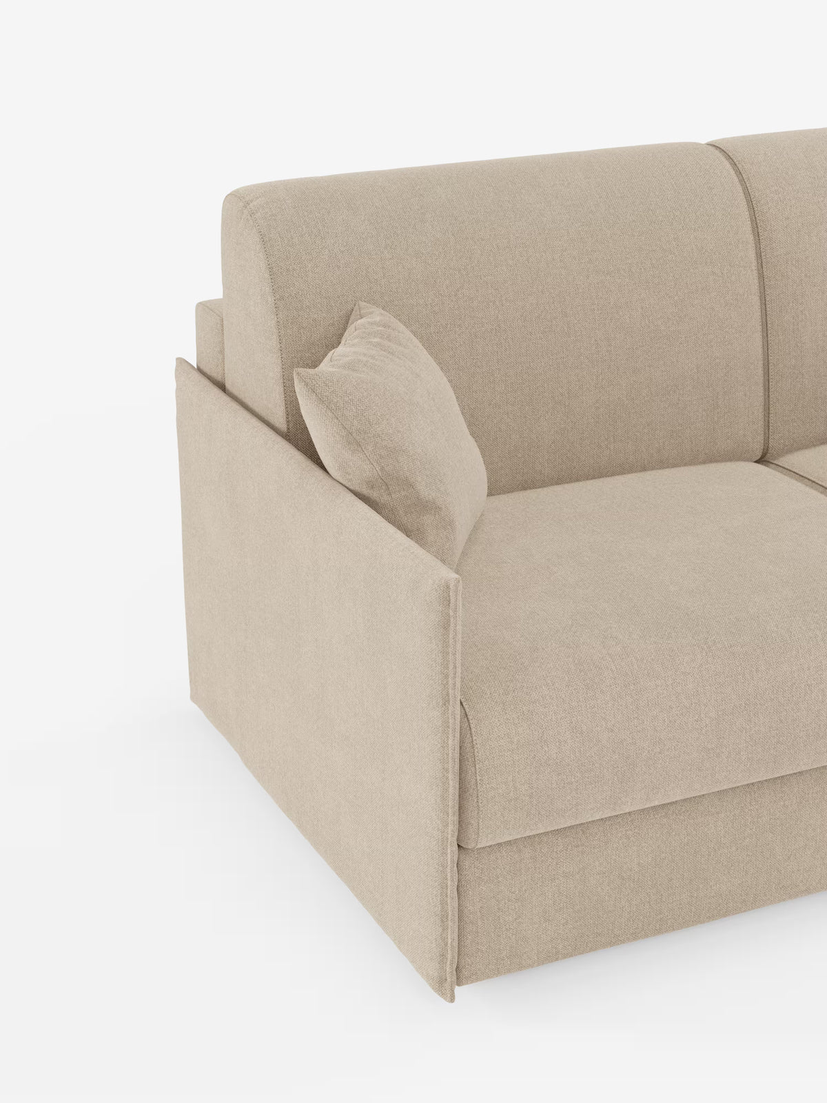 Vi presentiamo il divano letto matrimoniale sfoderabile Evans di Divani.Store: un elegante divano imbottito color beige dal design moderno e squadrato. È visibile solo il lato sinistro, che mette in risalto il bracciolo, lo schienale, il cuscino di seduta e un unico cuscino decorativo angolare. Con il suo design compatto e il pratico vano porta guanciali in tessuto smacchiabile T23, questo divano salvaspazio è perfetto per gli interni contemporanei, fondendo armoniosamente stile e funzionalità su uno