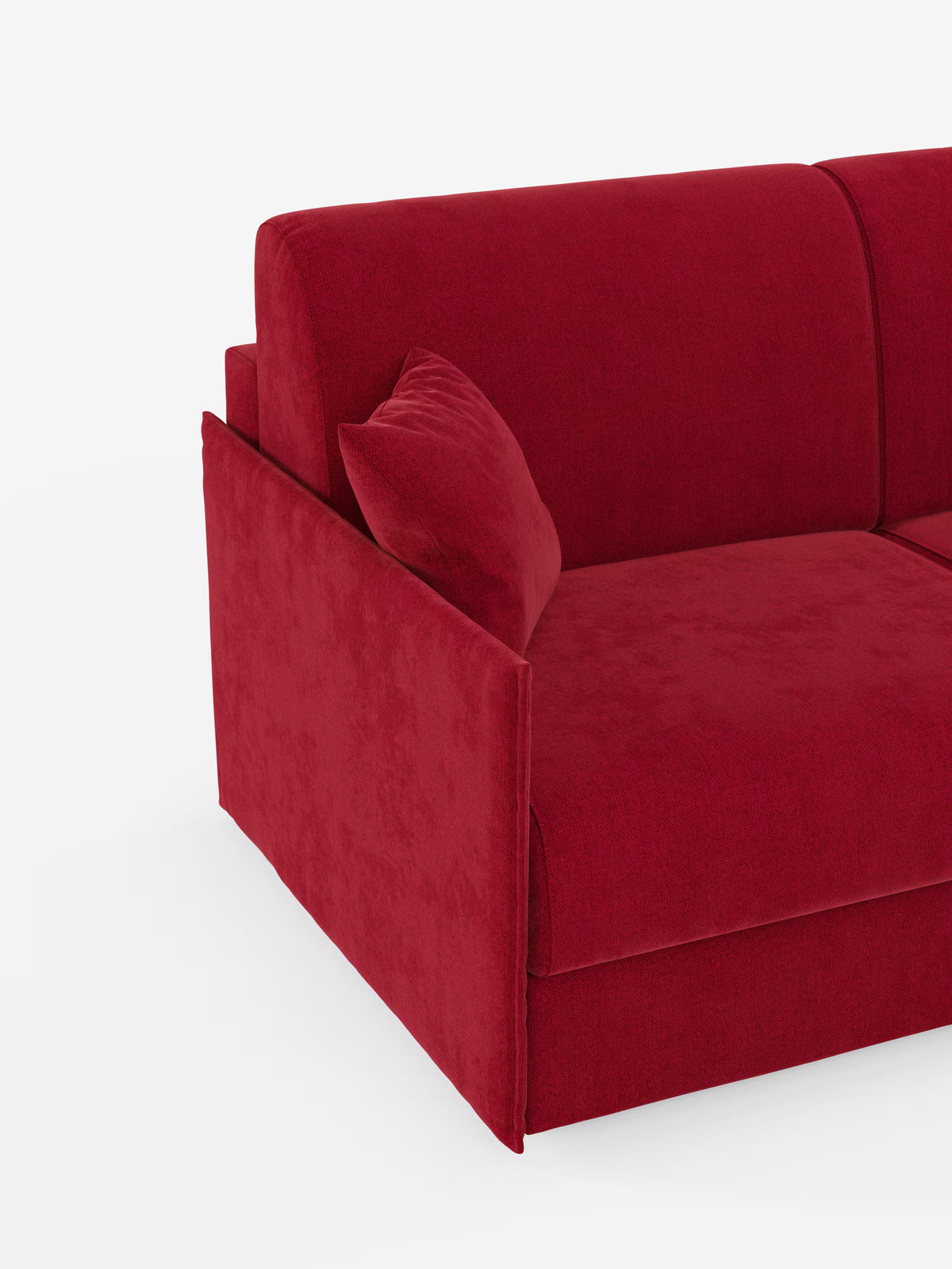 Scopri il divano letto matrimoniale sfoderabile Evans di Divani.Store: un divano moderno e lussuoso in velluto rosso, caratterizzato da un cuscino di seduta spesso, uno schienale alto e braccioli squadrati. Il suo design compatto include un pratico vano porta-cuscini ed è rivestito in tessuto T23 resistente alle macchie. Corredato da un cuscino decorativo rosso abbinato, questo elegante divano salvaspazio è ideale per gli ambienti contemporanei. Il divano è raffigurato su uno sfondo bianco; nell’immagine è