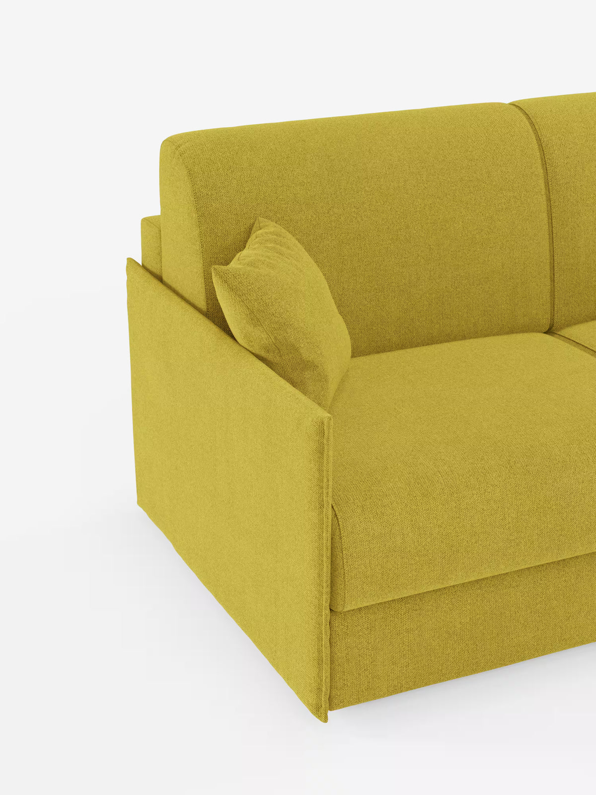 Un primo piano dell'angolo del divano letto matrimoniale sfoderabile Evans di Divani.Store — che mette in risalto il suo design moderno e compatto in giallo, realizzato in tessuto T23 smacchiabile — con un cuscino coordinato appoggiato al bracciolo. Lo sfondo bianco a tinta unita ne accentua le linee pulite e lo stile contemporaneo e salvaspazio, lasciando intravedere il pratico vano porta guanciali.