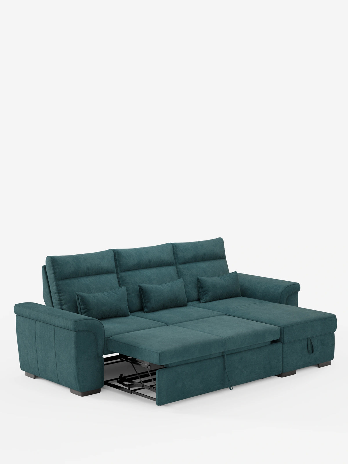 Divano letto angolare Teal Ischia con schienali scorrevoli, elemento estraibile e penisola contenitore in tessuto antimacchia misto lino, raffigurato con la struttura letto estesa, tre cuscini dello schienale e tre cuscini decorativi su sfondo bianco.
