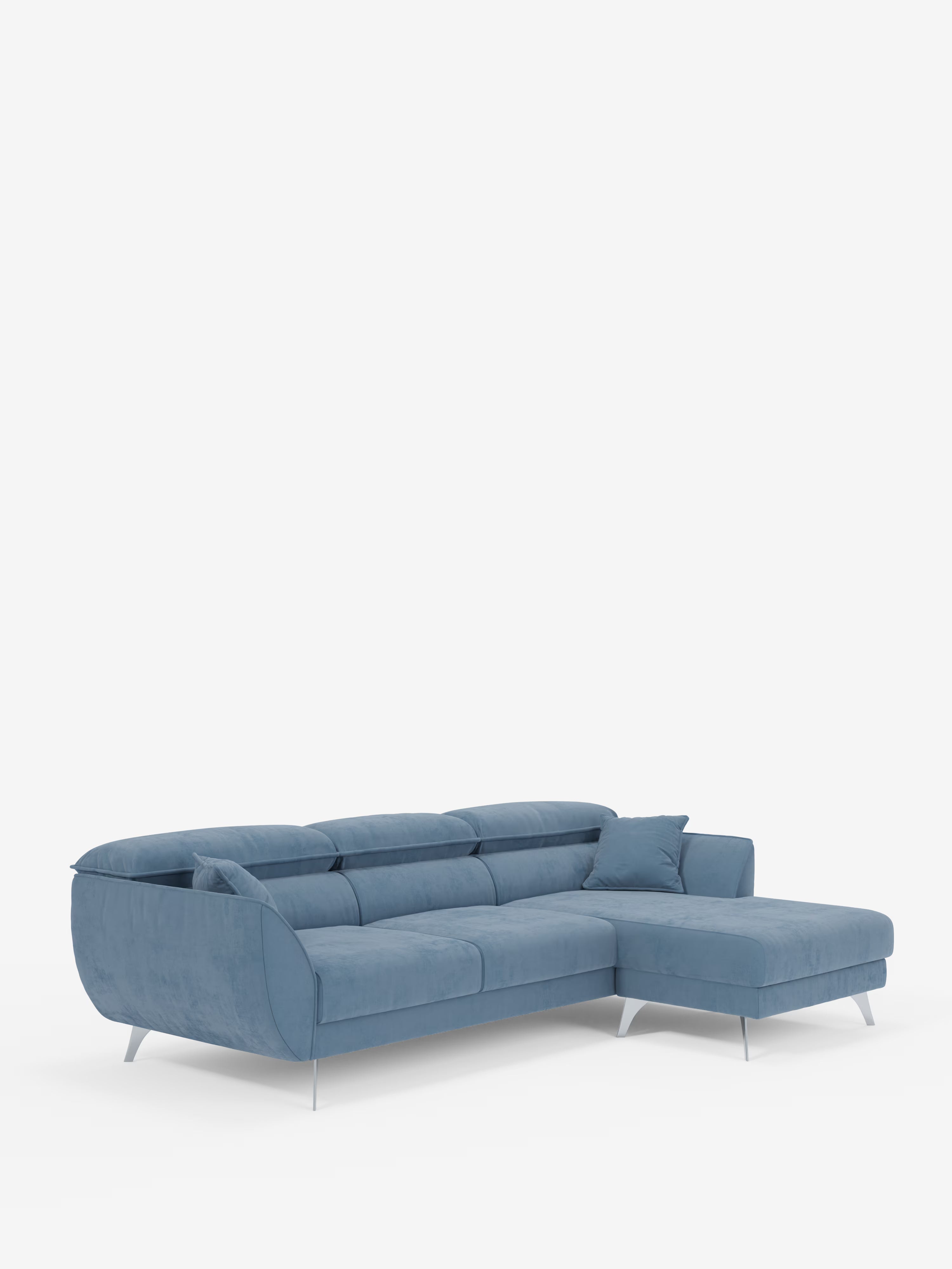 Il divano angolare con penisola e sedute estensibili “Michelangelo” di Divani.Store è rivestito in un raffinato tessuto T30 blu effetto velluto, resistente alle macchie, e presenta poggiatesta reclinabili, schienali dal profilo basso, gambe metalliche slanciate e un unico cuscino decorativo abbinato. La sua chaise longue orientata verso destra accentua il design angolare (divano angolare), con il divano che risalta con eleganza su uno sfondo bianco a tinta unita.
