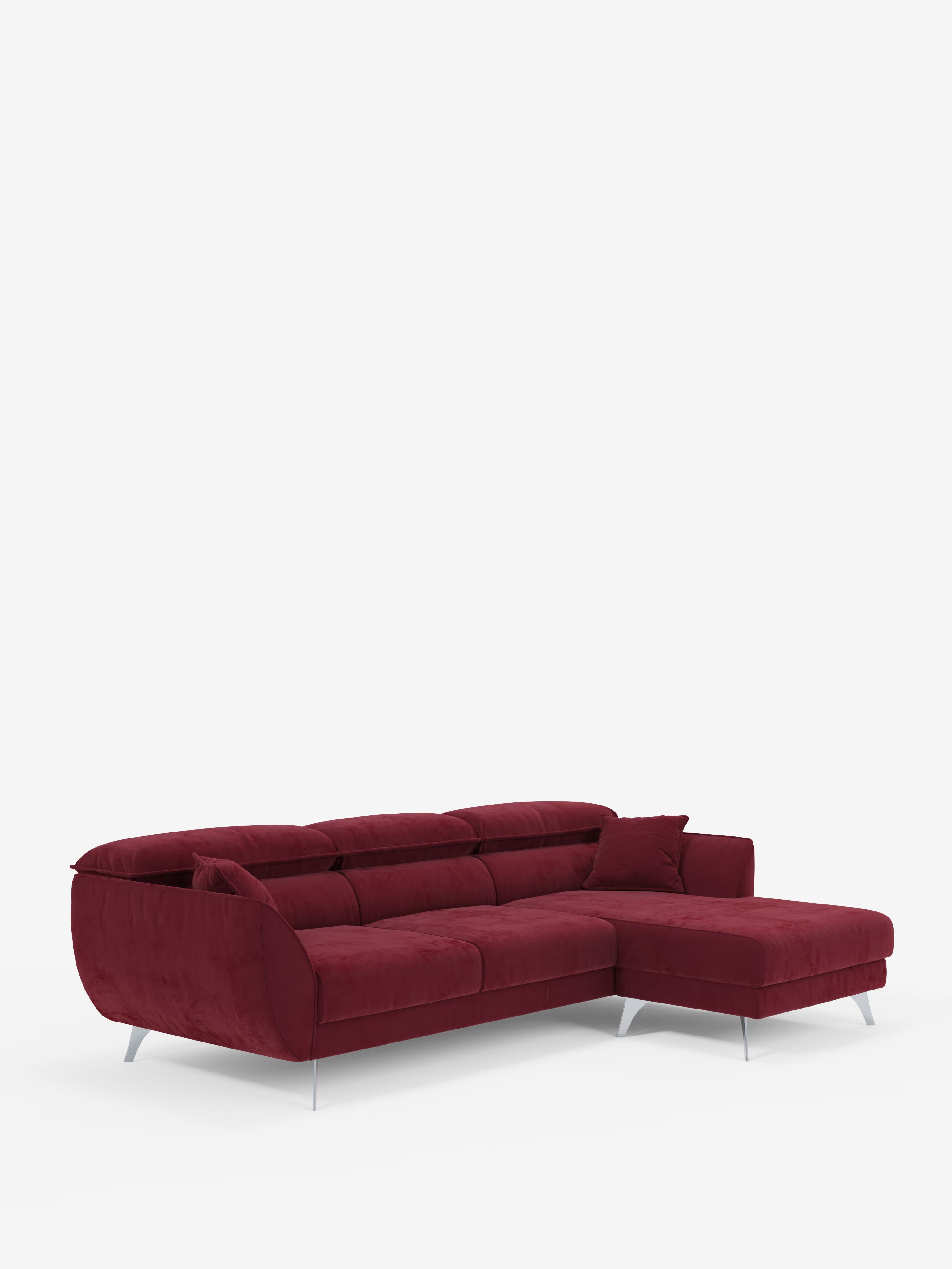 Un divano angolare contemporaneo “Michelangelo” con penisola e sedute estensibili di Divani.Store, dotato di poggiatesta reclinabili e rivestito in un elegante tessuto T30 effetto velluto resistente alle macchie, con penisola sul lato destro, schienali bassi ed eleganti gambe in metallo. Presentato su uno sfondo bianco a tinta unita, il suo design moderno lo rende perfetto per un soggiorno di classe.