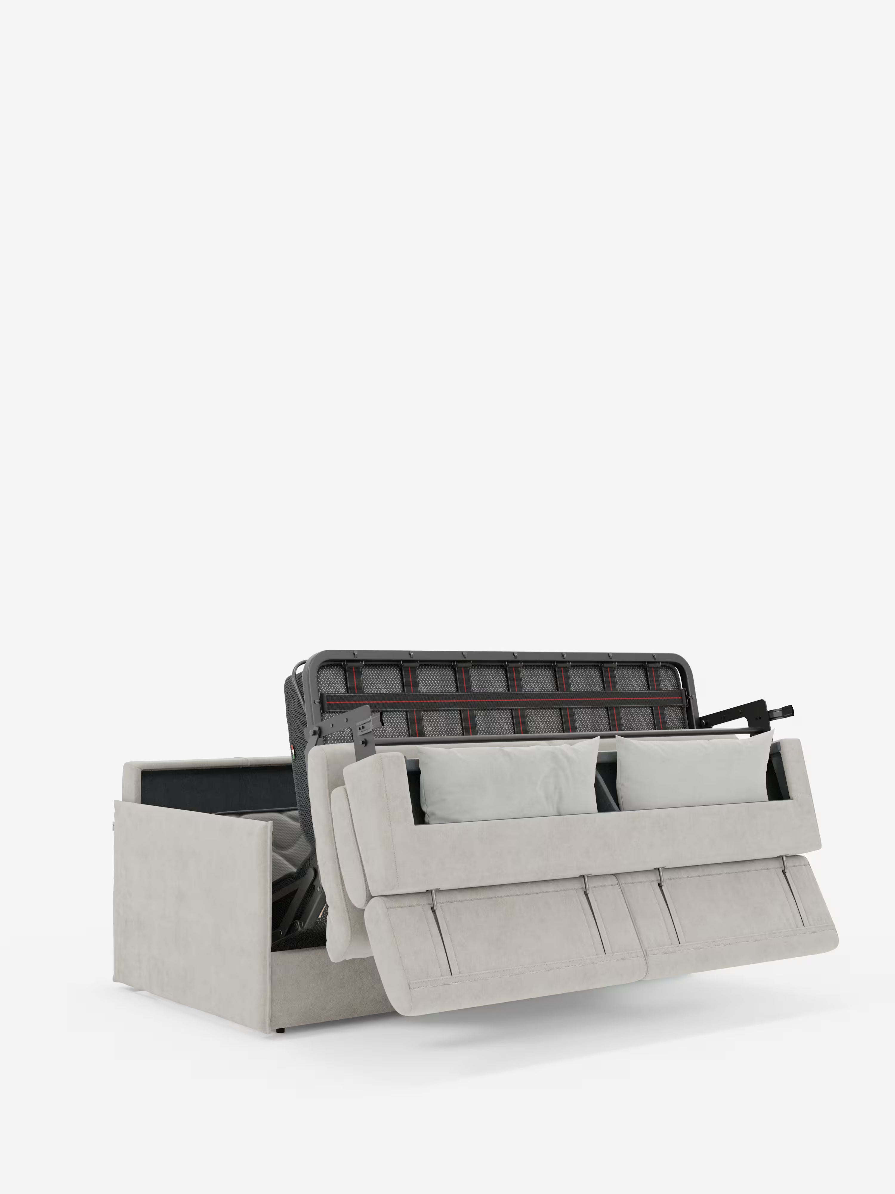 Il divano letto Miryam con poggiatesta reclinabili e comfort maxi di Divani.Store si presenta in un design moderno, in grigio chiaro, con una silhouette compatta. Raffigurato parzialmente aperto, rivela lo spazio di stivaggio interno e presenta due cuscini di seduta appoggiati su una struttura in metallo nero, per uno stile minimalista e contemporaneo. Il morbido tessuto T31 resistente alle macchie ne esalta il fascino, il tutto su uno sfondo bianco a tinta unita.