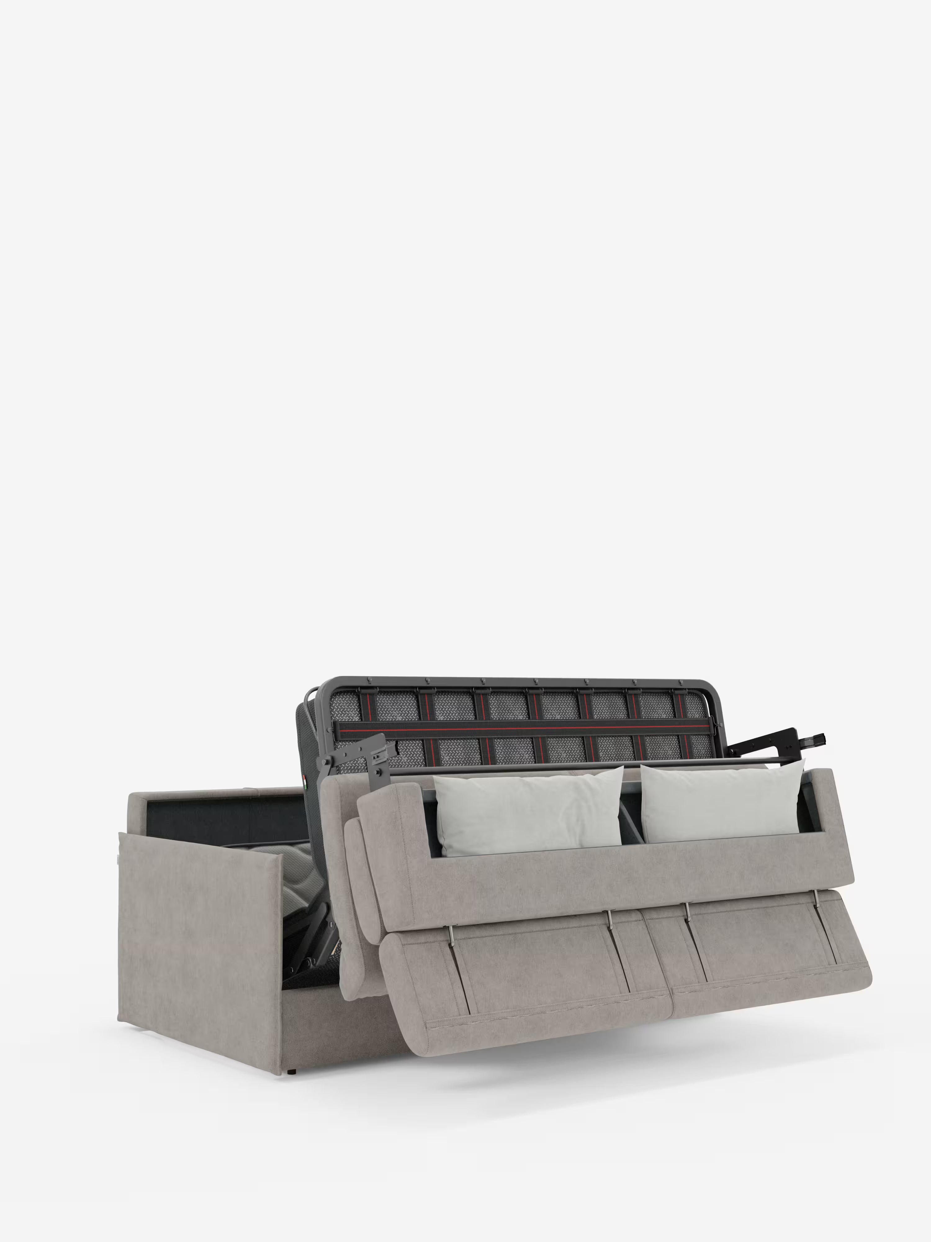 Il divano letto Miryam con poggiatesta reclinabili e comfort maxi di Divani.Store è un divano letto compatto di colore grigio chiaro, rivestito in morbido tessuto T31 resistente alle macchie e dotato di due cuscini bianchi. Raffigurato parzialmente aperto per mostrare il meccanismo di estrazione del materasso, questo complemento d’arredo in stile minimalista contemporaneo spicca su uno sfondo bianco a tinta unita, mettendo in risalto il vano contenitore e il versatile design trasformabile.