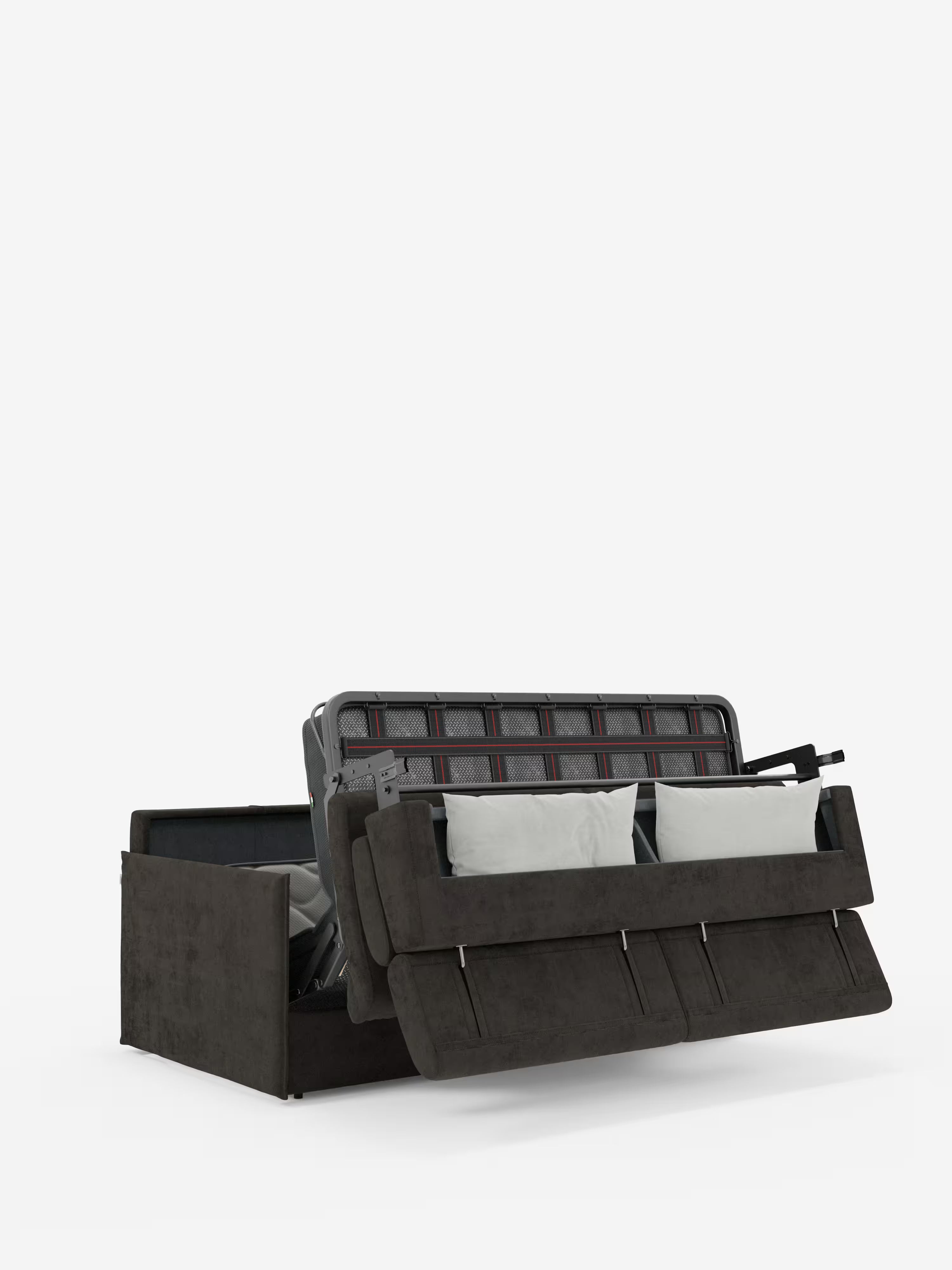 Il divano letto Miryam con poggiatesta reclinabili e comfort maxi di Divani.Store è un divano letto imbottito marrone dalle dimensioni compatte, realizzato in morbido tessuto smacchiabile T31, qui raffigurato con la parte letto parzialmente estesa. Due cuscini bianchi poggiano sulla struttura, rivelando lo spazio di stivaggio interno sotto la seduta. Questo modello è dotato di poggiatesta regolabili e incarna uno stile minimalista contemporaneo, che risalta sullo sfondo bianco a tinta unita.