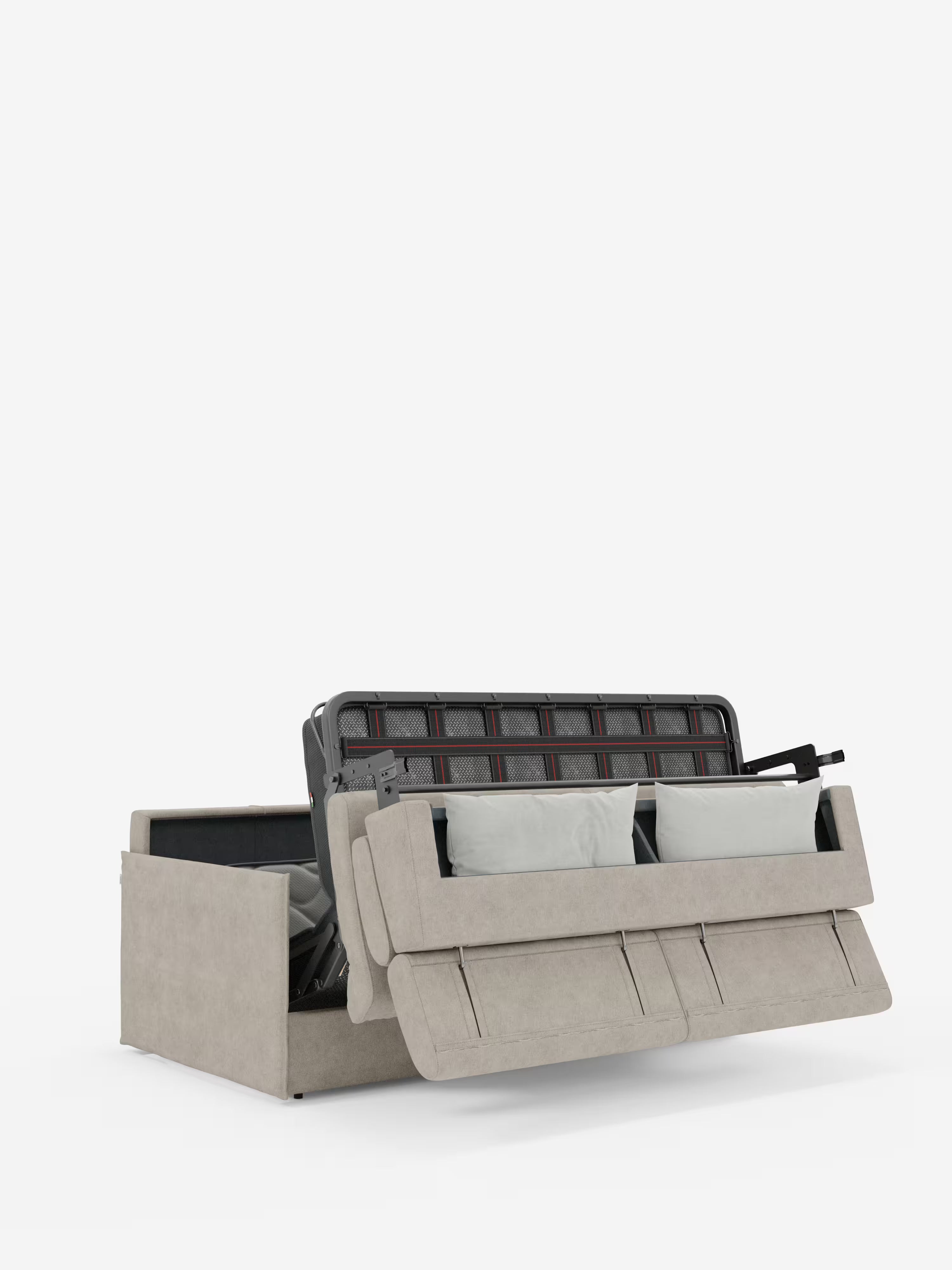 Il divano letto Miryam con poggiatesta reclinabili e comfort maxi di Divani.Store, qui presentato in grigio chiaro, presenta un design compatto realizzato in morbido tessuto smacchiabile T31. Sollevando la seduta si scopre un pratico vano contenitore, all’interno del quale il divano ospita due cuscini leggeri e un materasso ripiegato. Le linee pulite e moderne riflettono uno stile minimal contemporaneo, che si staglia con naturalezza su uno sfondo bianco a tinta unita.