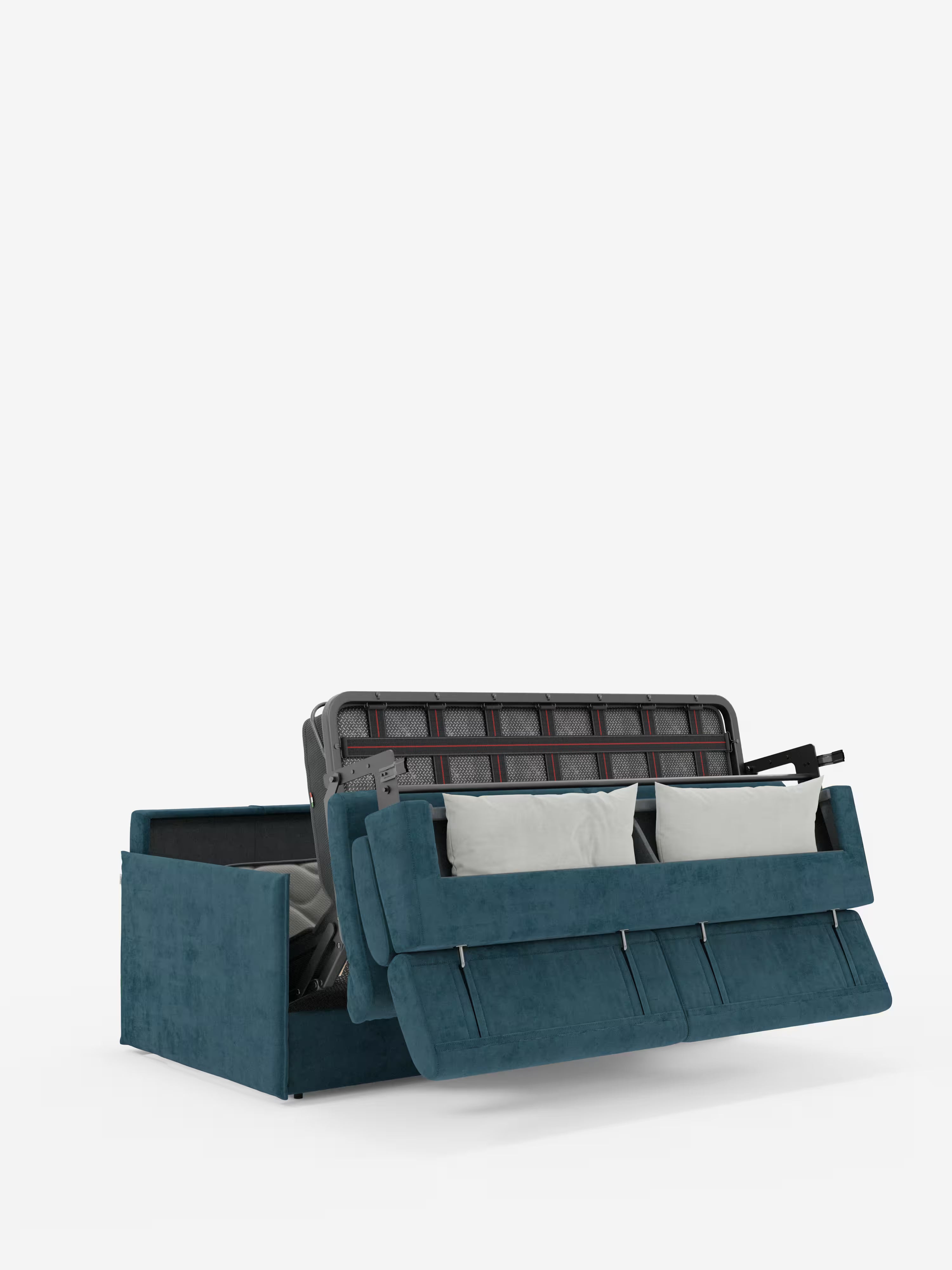 Il divano letto Miryam con poggiatesta reclinabili e comfort maxi di Divani.Il modello Store, rivestito in morbido tessuto T31 resistente alle macchie e presentato in un elegante blu verde acqua con due cuscini bianchi, è parzialmente aperto per mostrare il meccanismo del letto estraibile e lo spazio interno di contenimento: un divano letto moderno ideale per chi apprezza lo stile contemporaneo e il comfort pratico su uno sfondo bianco pulito.