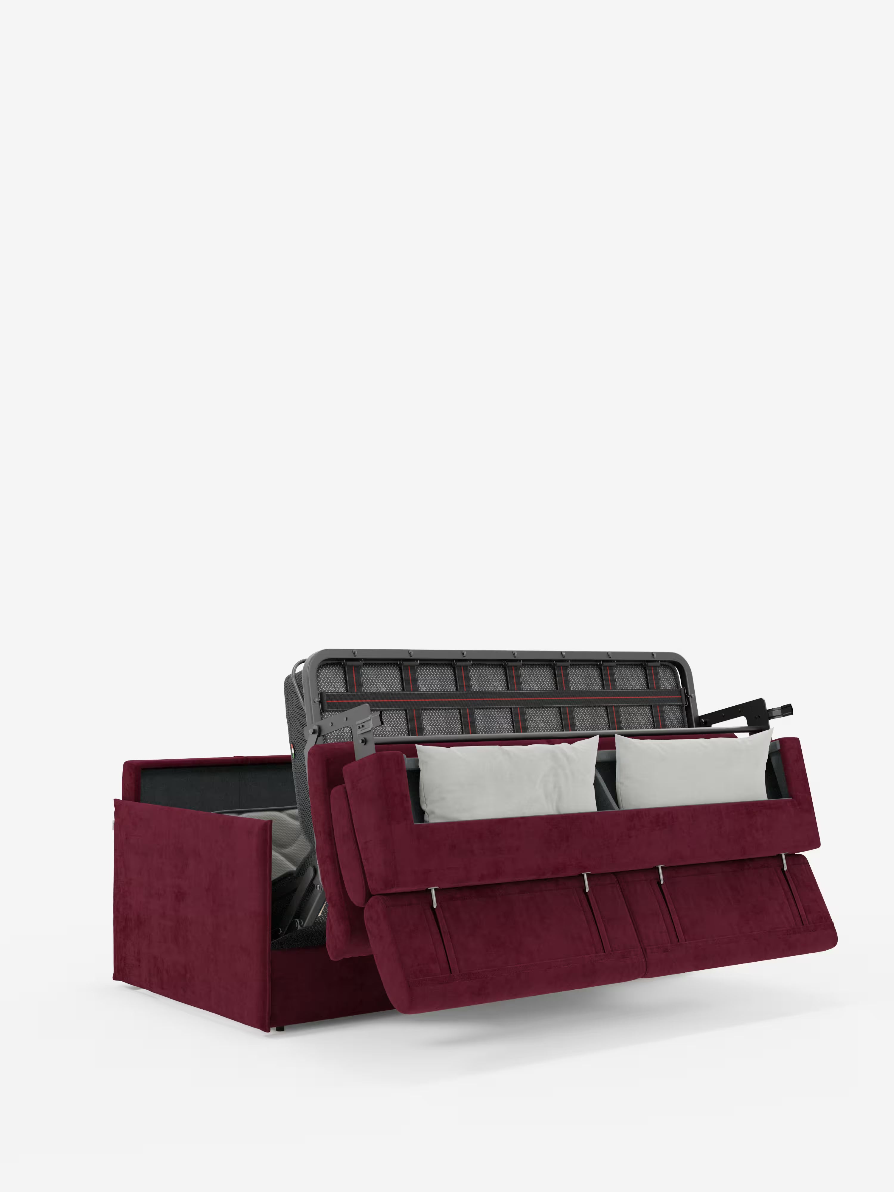 Un divano letto Miryam color bordeaux con poggiatesta reclinabili e comfort maxi di Divani.Store è raffigurato parzialmente aperto, con due cuscini di seduta e due cuscini chiari. La struttura in metallo e il meccanismo di apertura del letto sono visibili su uno sfondo bianco a tinta unita, che ne accentua lo stile minimal contemporaneo e il design compatto, realizzato in morbido tessuto smacchiabile T31.