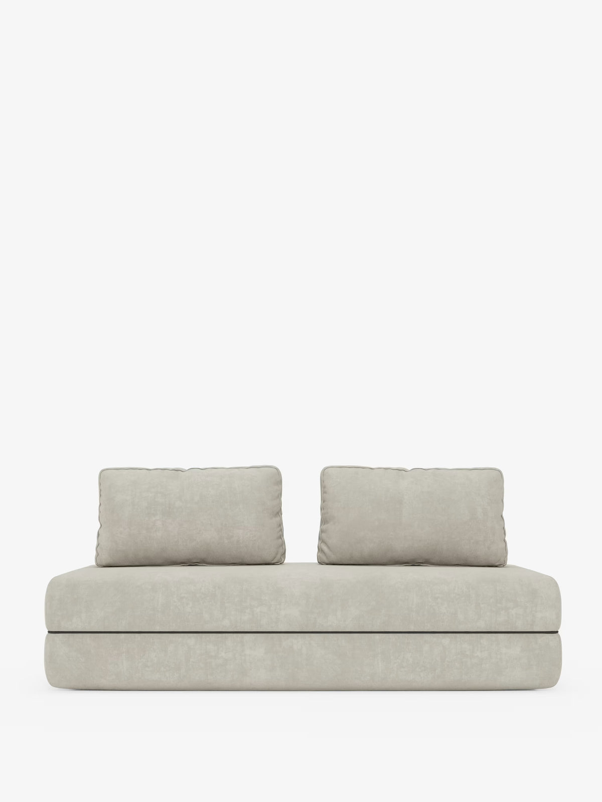 Un divano letto matrimoniale Rift di Divani.Store, in grigio chiaro e dallo stile contemporaneo, è messo in risalto su uno sfondo bianco. Questo divano moderno a 2 o 3 posti, senza braccioli, è dotato di due cuscini rettangolari abbinati per lo schienale e di un rivestimento in morbido tessuto T31 resistente alle macchie. Le linee pulite e minimaliste completano l’ambiente essenziale, mentre gli schienali regolabili e un materasso in memory foam alto 24 cm garantiscono comfort e versatilità.