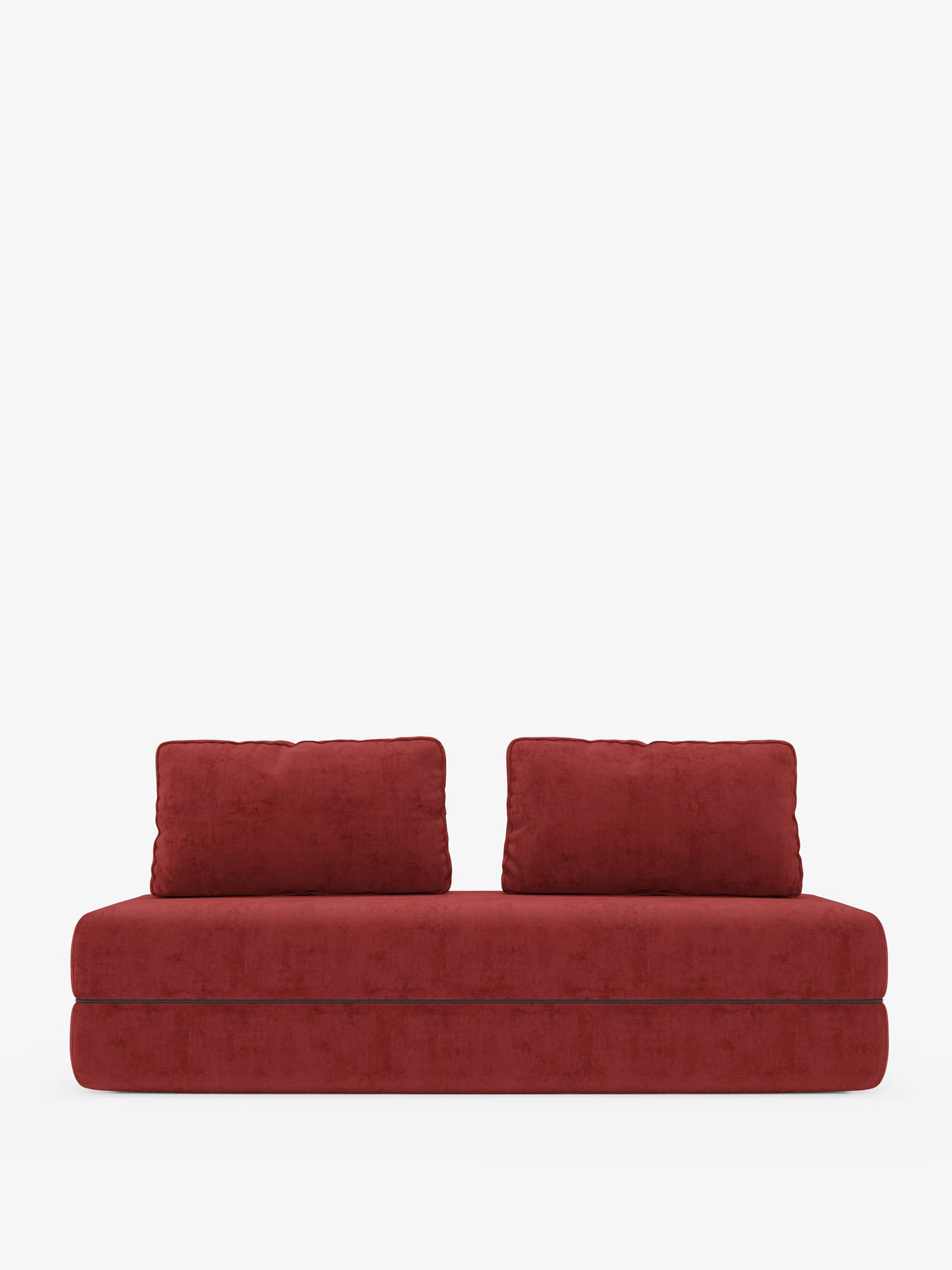 Il divano letto matrimoniale Rift di Divani.Store, in stile contemporaneo, rivestito in un ricco tessuto T31 rosso intenso e resistente alle macchie, è dotato di due cuscini rettangolari coordinati per lo schienale e risalta su uno sfondo bianco a tinta unita. Con le sue linee pulite, il profilo ribassato e il morbido rivestimento in memory foam su un materasso alto 24 cm, questo divano letto a 2 o 3 posti unisce un design moderno a un comfort eccezionale.