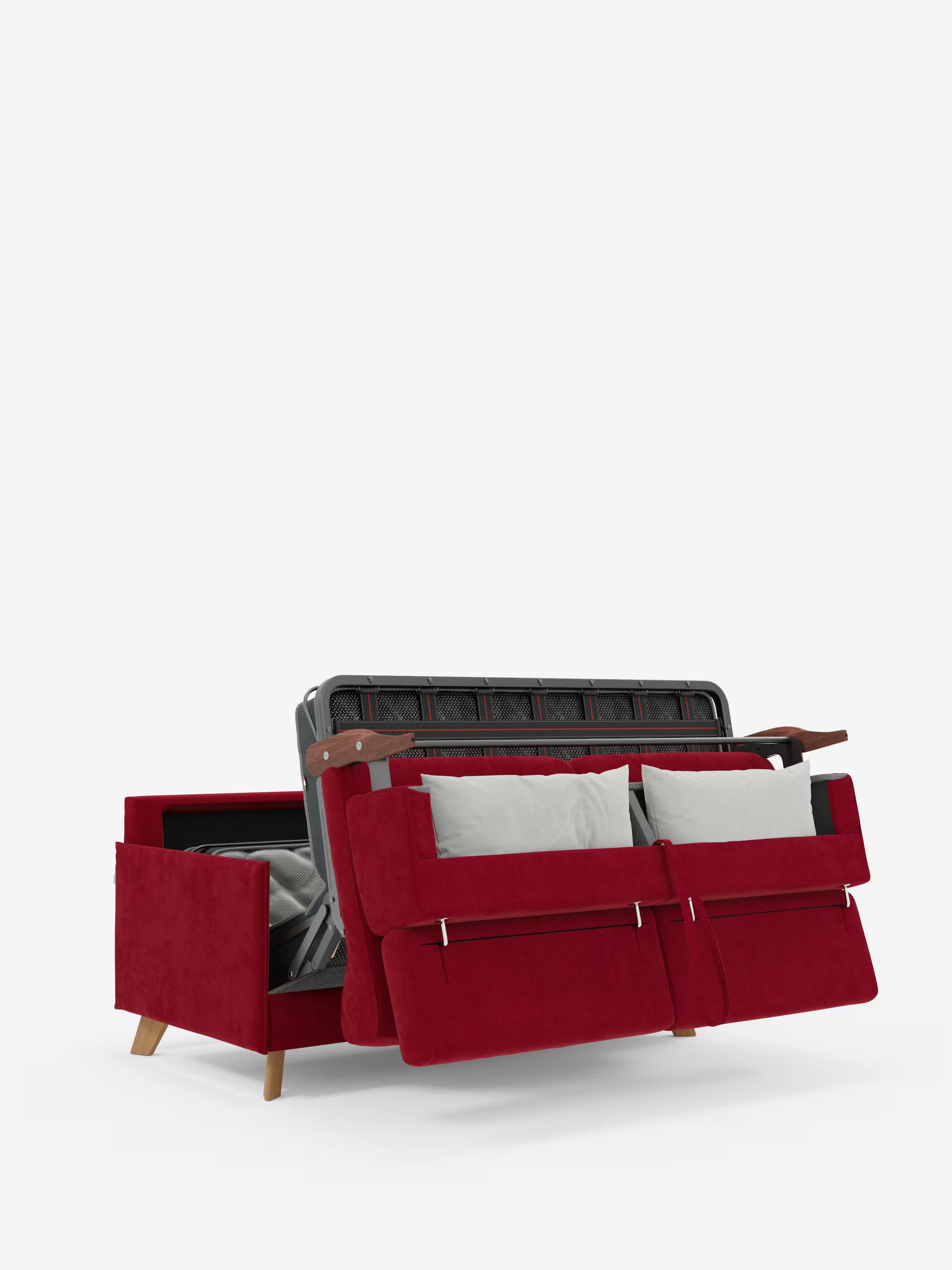 Il divano letto matrimoniale Sole dal design compatto di Divani.Store, dotato di poggiatesta reclinabili e rivestimento in tessuto T23 antimacchia e rimovibile al 100% in un vivace colore rosso con gambe in legno, è parzialmente aperto per mostrare il materasso estraibile. Due cuscini grigio chiaro poggiano sullo schienale e il meccanismo del letto è visibile su uno sfondo bianco a tinta unita.