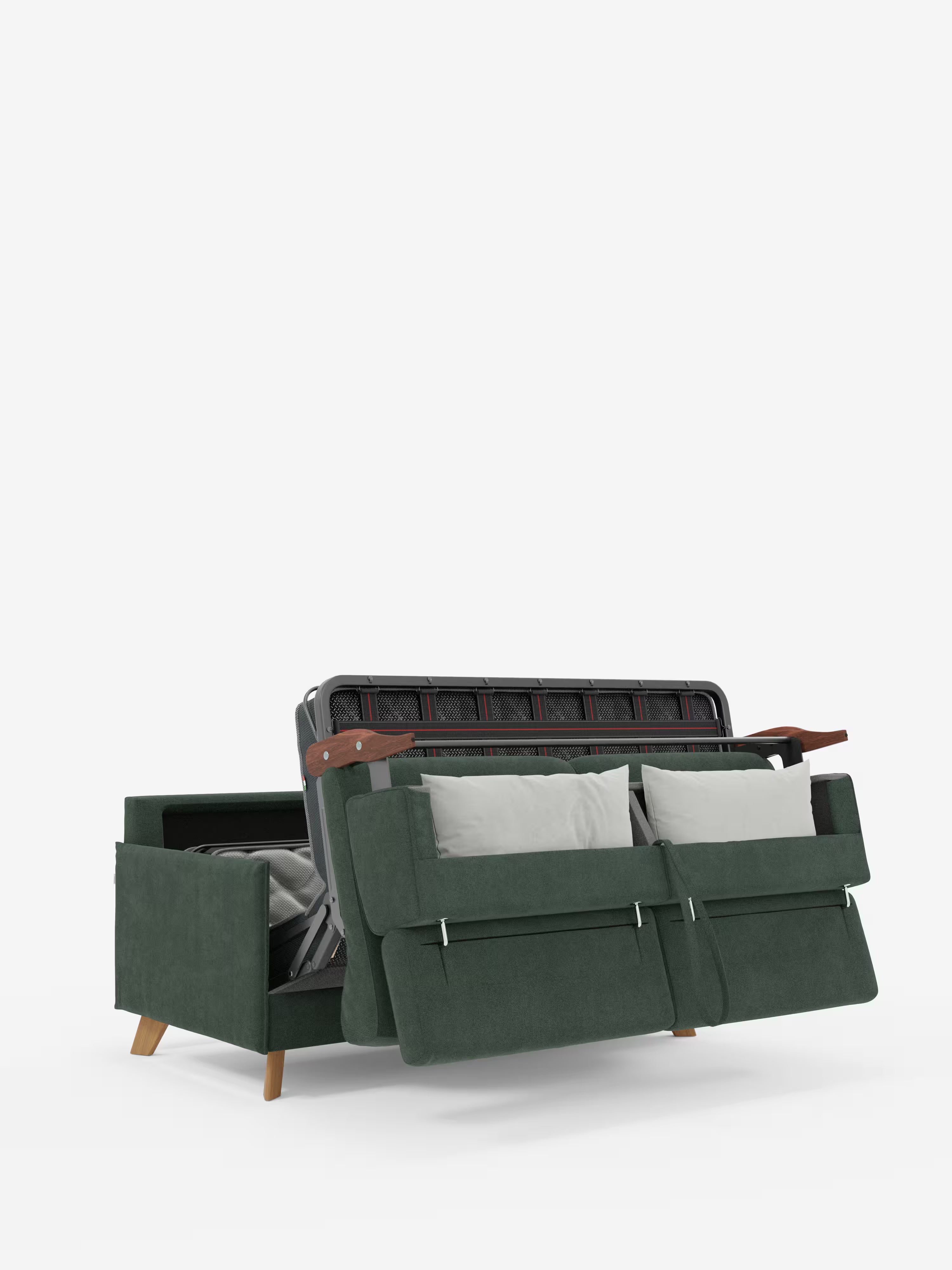 Un divano letto matrimoniale Sole di colore verde scuro, dal design compatto, firmato Divani.Store, caratterizzato da gambe in legno, è parzialmente aperto per mostrare il meccanismo estraibile del letto. Due cuscini grigio chiaro poggiano contro lo schienale dotato di poggiatesta reclinabili. Presentato su uno sfondo bianco, il divano mette in risalto la sua facilità di trasformazione e il rivestimento in tessuto T23, rimovibile al 100% e resistente alle macchie.